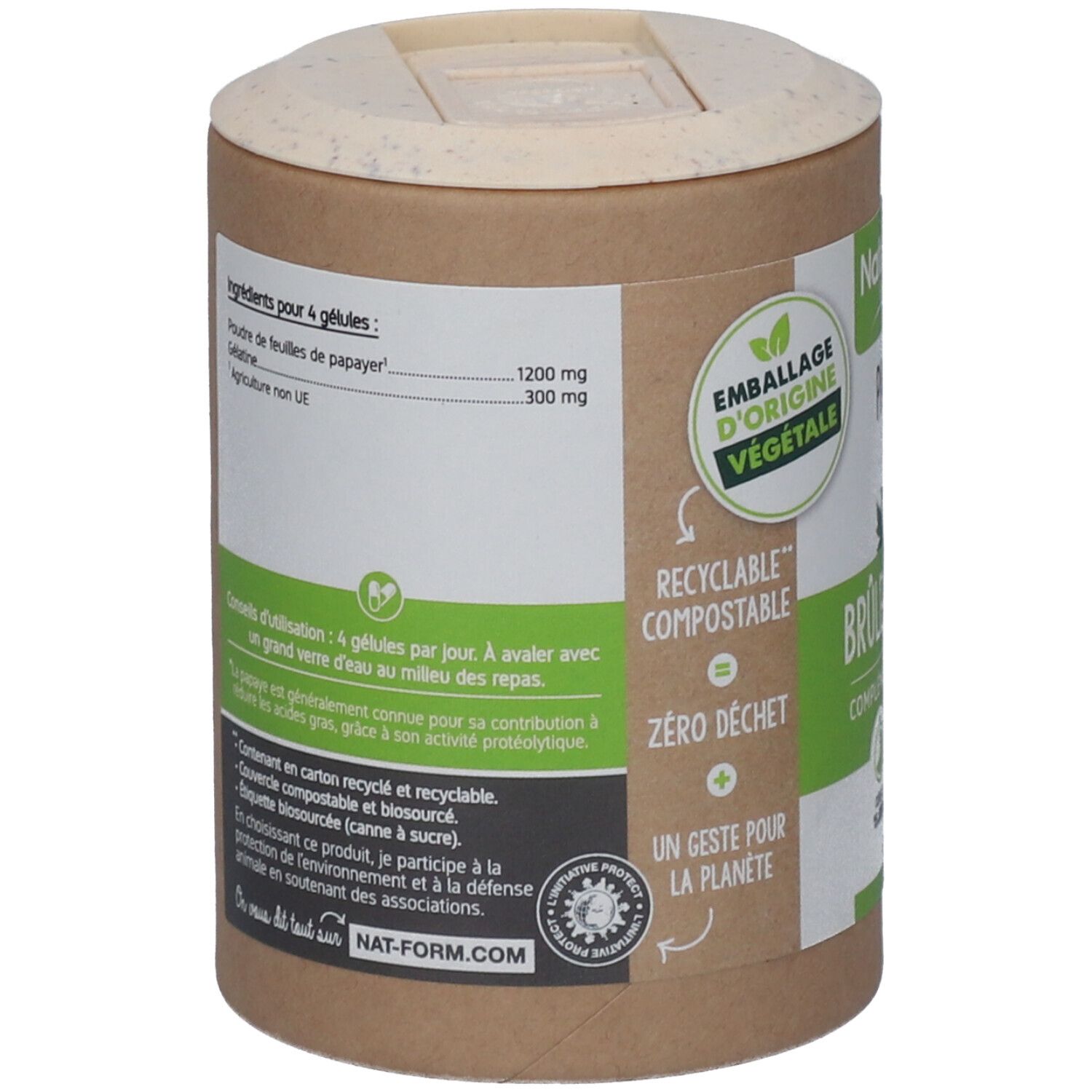 Dos de la boîte. Ingrédients et conseils d'utilisation. Texte: Recyclable, compostable, zéro déchet. Logo: Emballage d'origine végétale.