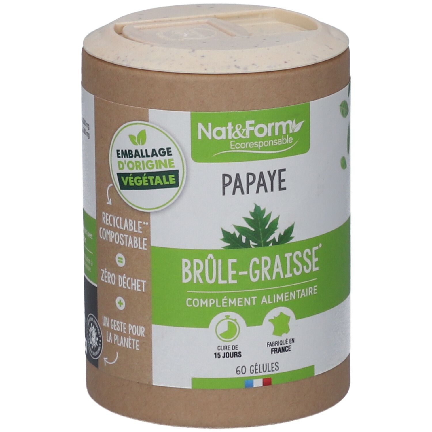 Boîte cylindrique avec couvercle. Inscription: Nat&Form Papaye, Brûle-Graisse, 60 Gélules. Emballage d'origine végétale.