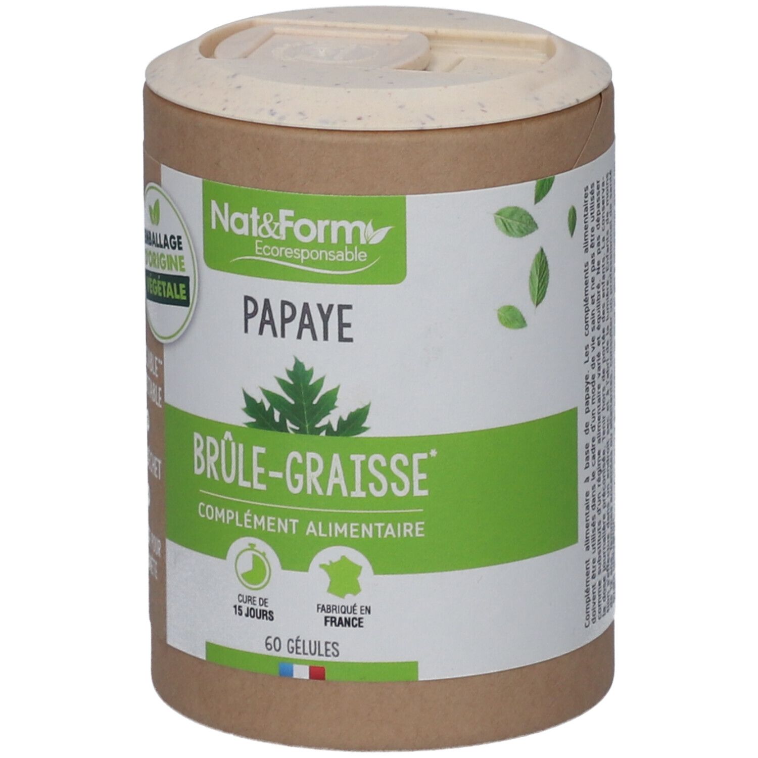 Boîte cylindrique avec couvercle. Inscription: Nat&Form Papaye, Brûle-Graisse, 60 Gélules. Emballage d'origine végétale.