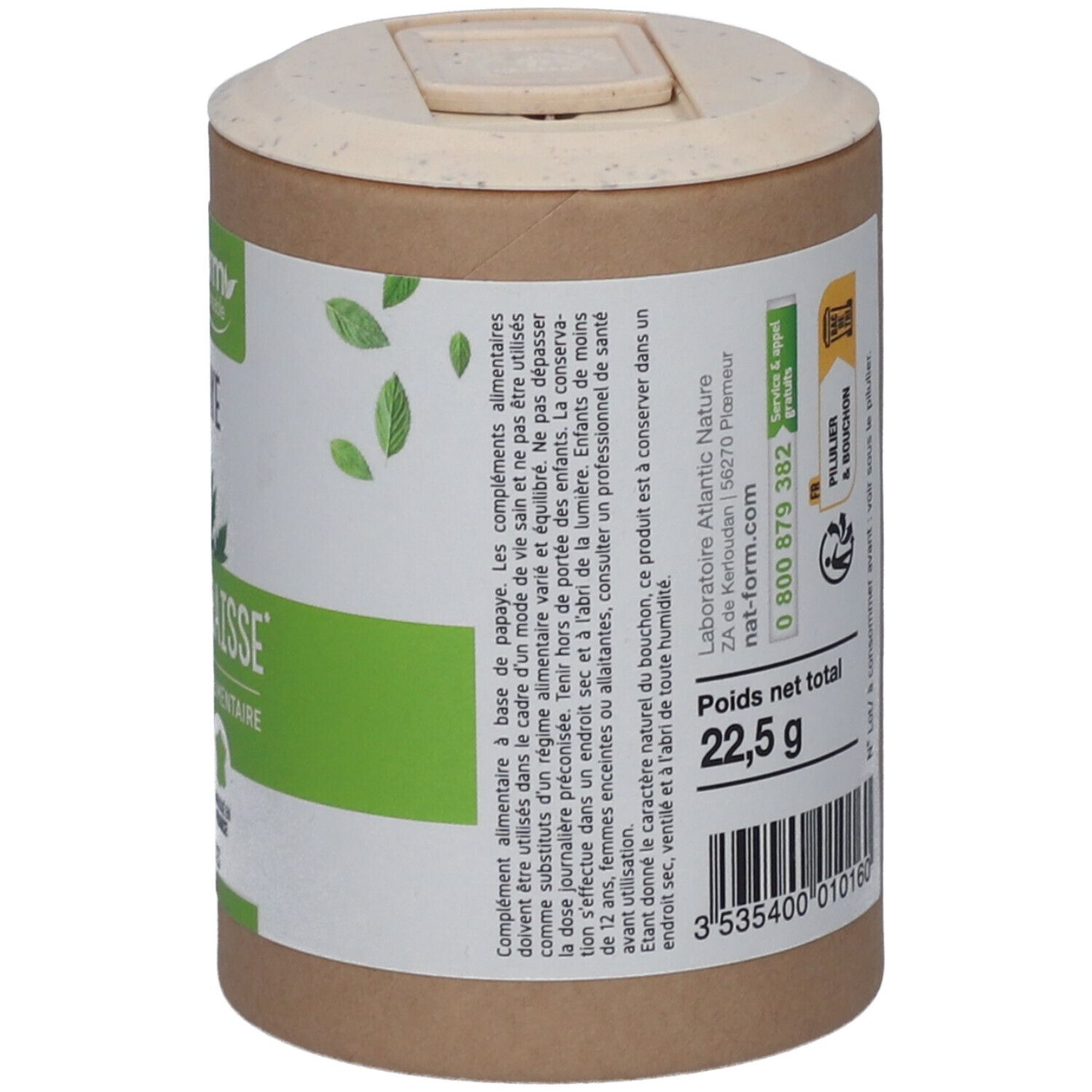 Dos de la boîte. Ingrédients et conseils d'utilisation. Poids net 22,5 g. Texte: Ne pas exposer au soleil.