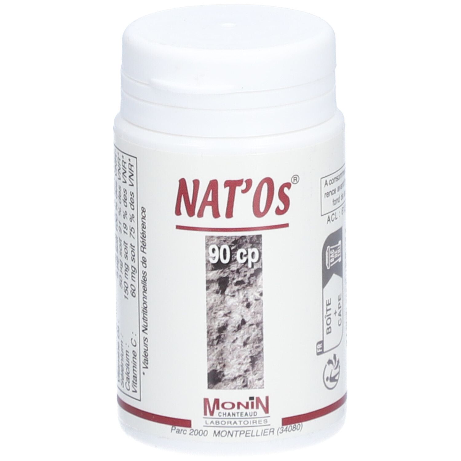 Flacon blanc "NAT'OS" avec 90 cp. Marque Monin Chanteaud. Contient des informations nutritionnelles.