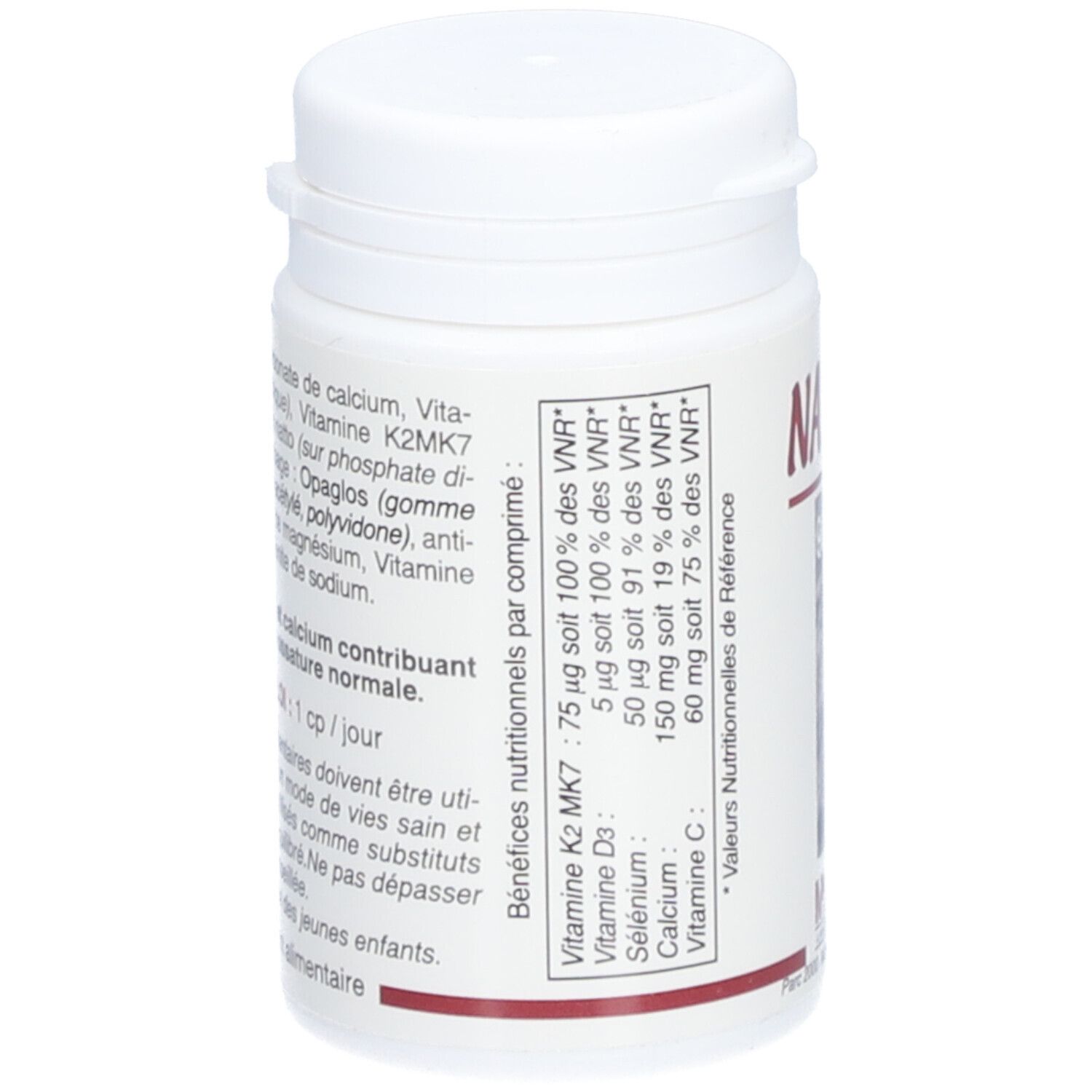 Flacon blanc. Texte avec informations nutritionnelles: Vitamine K2, D3, Sélénium, Calcium, Vitamine C.