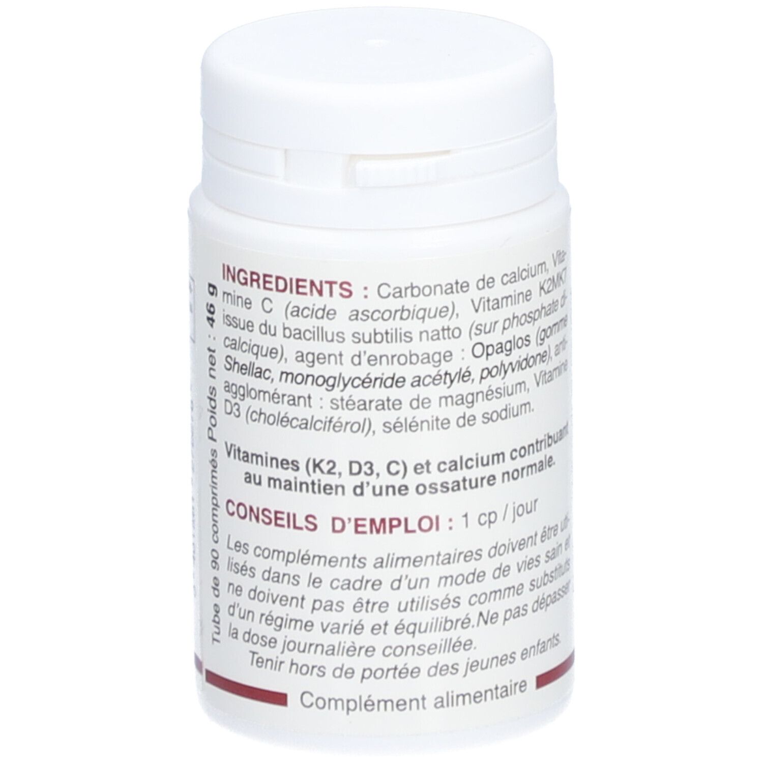 Flacon blanc. Ingrédients et conseils d'emploi. Contient des vitamines K2, D3, C et calcium.