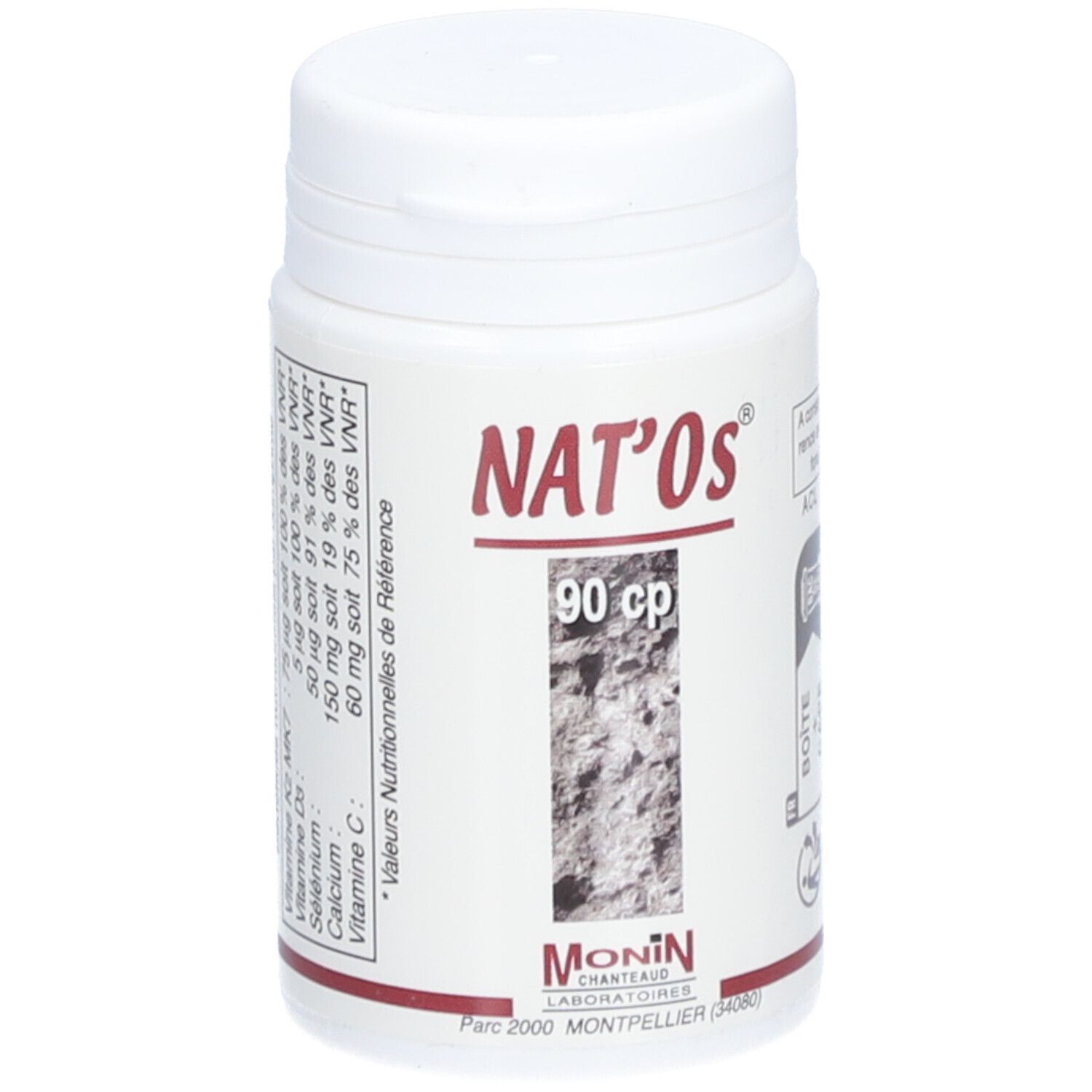 Flacon blanc "NAT'OS" avec 90 cp. Marque Monin Chanteaud. Informations nutritionnelles.