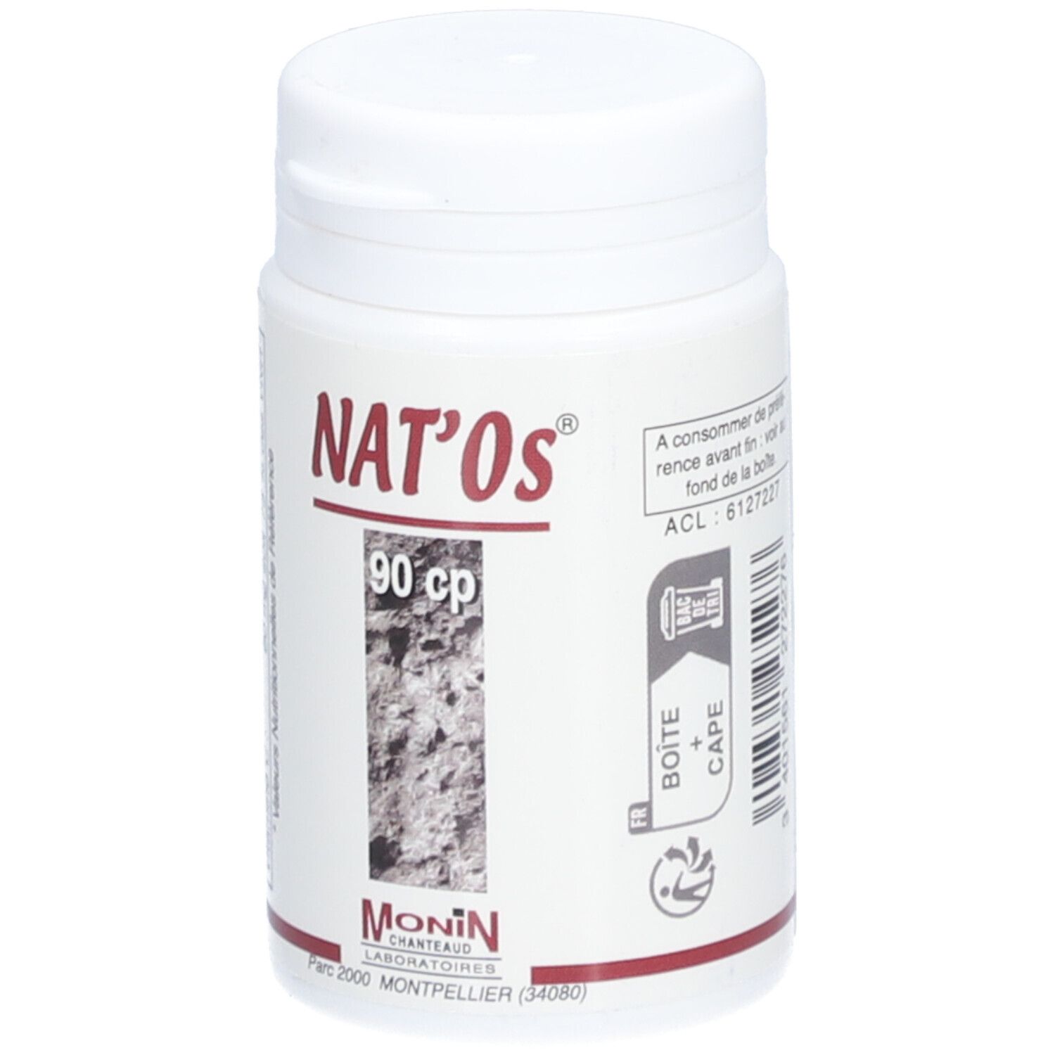 Flacon blanc "NAT'OS" avec 90 cp. Marque Monin Chanteaud. Informations nutritionnelles.