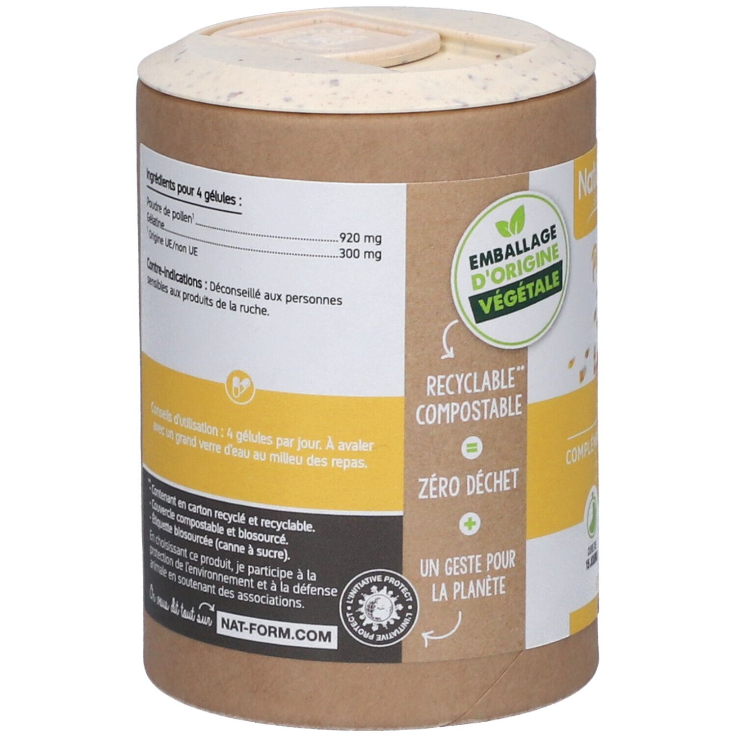 Dos de la boîte avec liste d'ingrédients et avertissements. "Emballage d'origine végétale" et "Recyclable compostable" visibles.