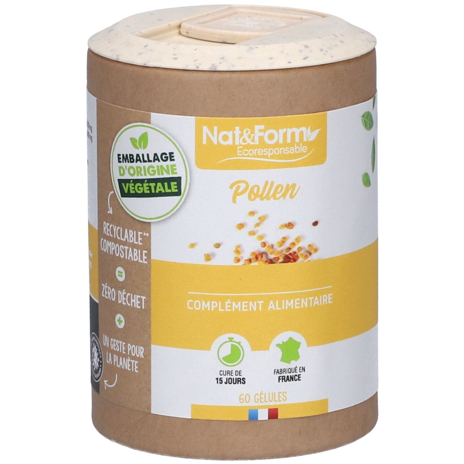 Boîte cylindrique avec étiquette Pollen. "Nat&Form" et "Pollen" visibles. "Complément alimentaire" en dessous. 60 gélules.