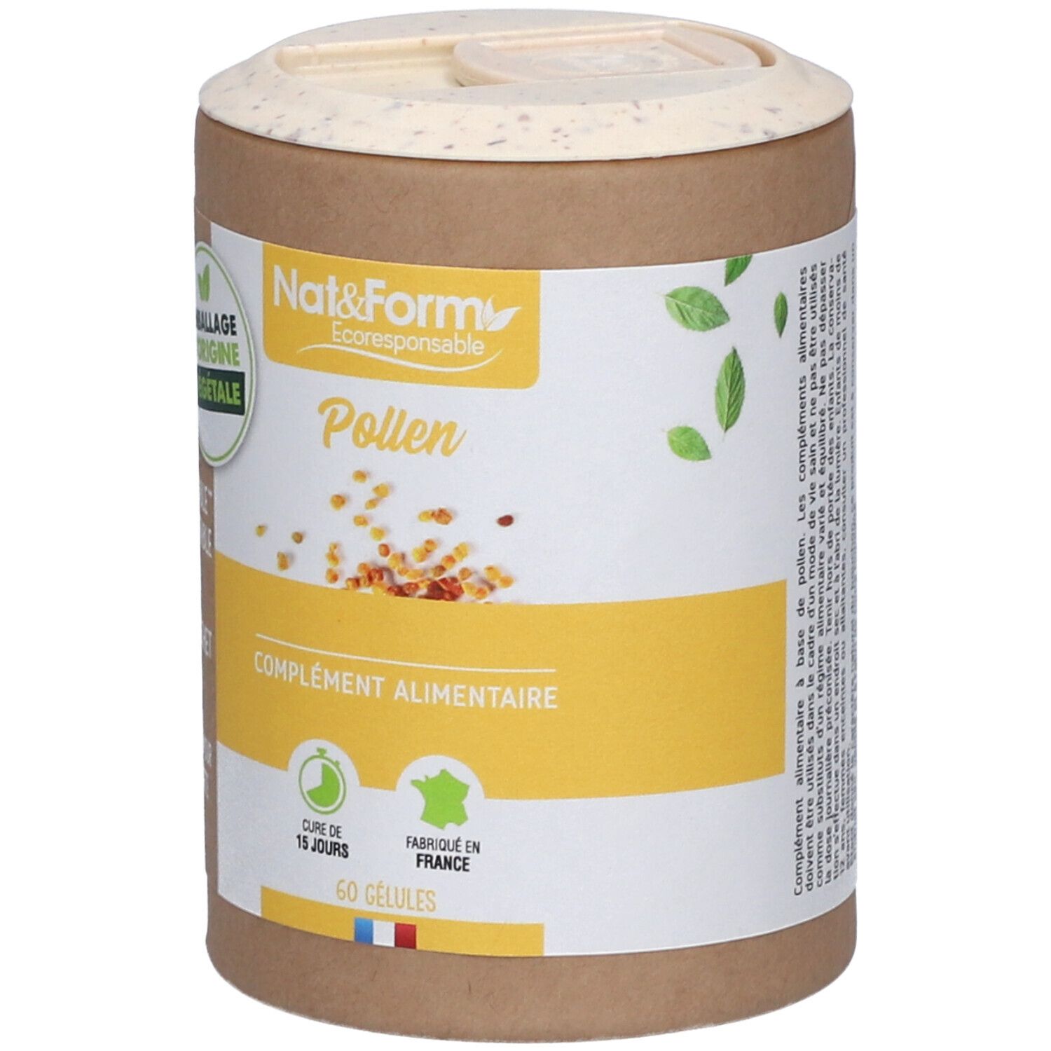 Boîte cylindrique avec étiquette Pollen. "Nat&Form" et "Pollen" visibles. "Complément alimentaire" en dessous. 60 gélules.