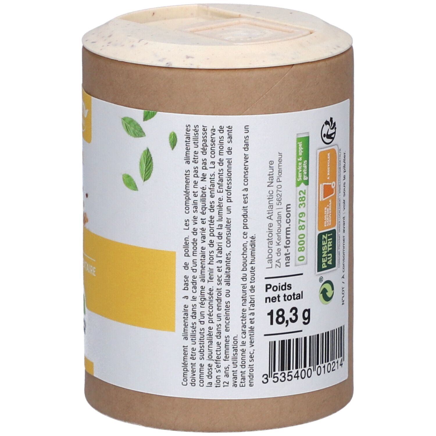 Dos de la boîte avec texte et code-barres. Indication de poids : 18,3 g. Coordonnées et avertissements.