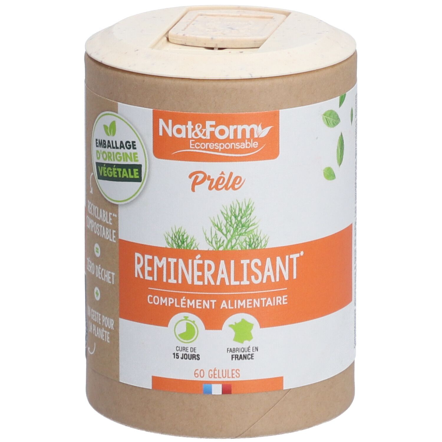 Boîte cylindrique "Nat&Form Prêle Bio". "Reminéralisant" et "60 gélules" visibles. Emballage d'origine végétale, recyclable et compostable.