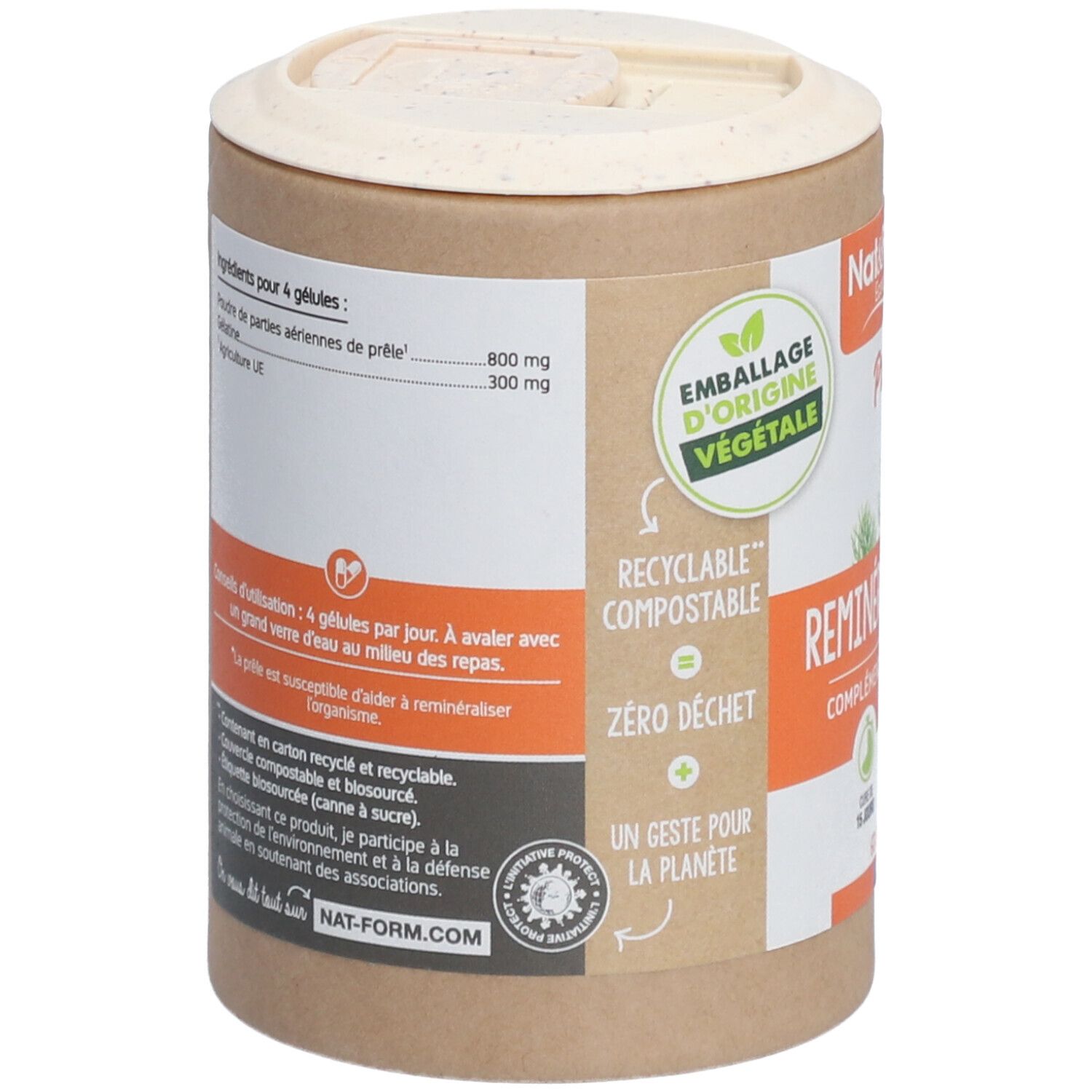 Dos de la boîte. Liste des ingrédients et informations d'utilisation. "Emballage d'origine végétale", recyclable et compostable.