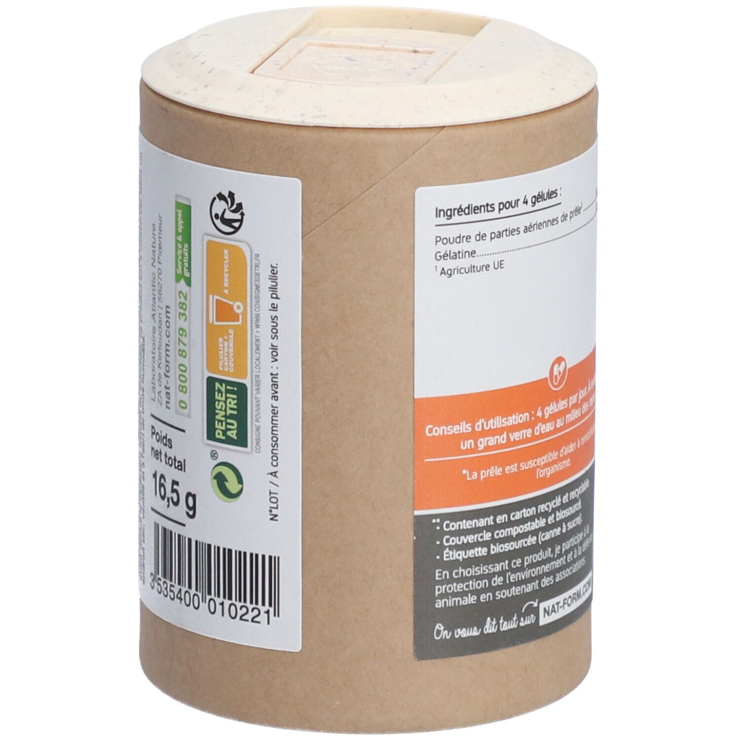 Dos de la boîte. Informations nutritionnelles et informations. Poids net 16,5 g. Logo de recyclage. "Nat-form.com".