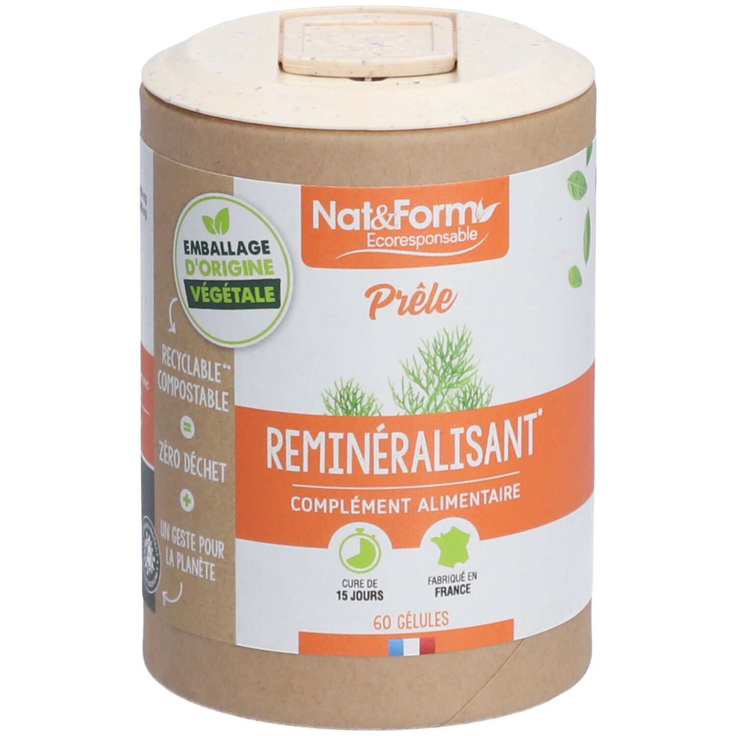 Boîte cylindrique "Nat&Form Prêle Bio". "Reminéralisant" et "60 gélules" visibles. Emballage d'origine végétale, recyclable et compostable.