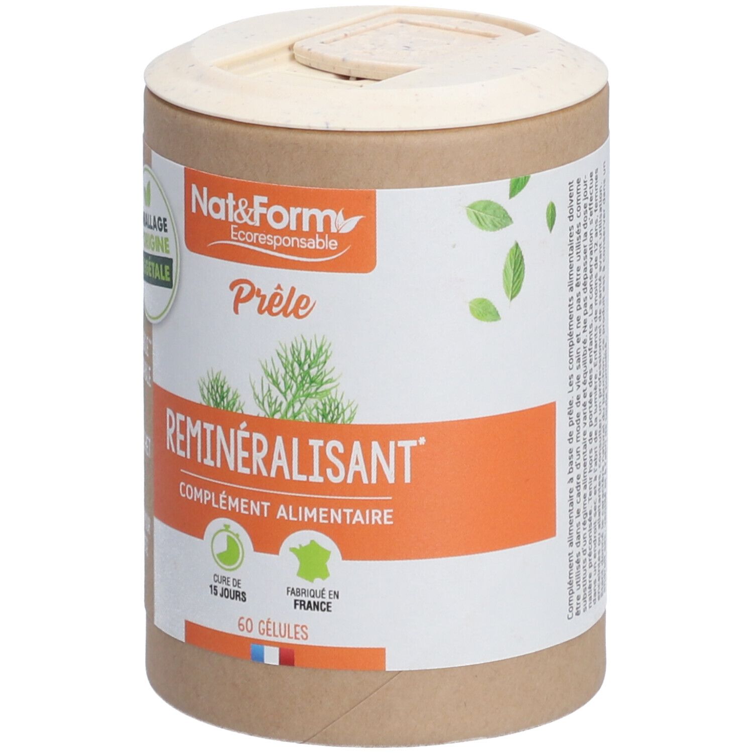 Boîte cylindrique "Nat&Form Prêle Bio". "Reminéralisant" et "60 gélules" visibles. Emballage d'origine végétale, recyclable et compostable.