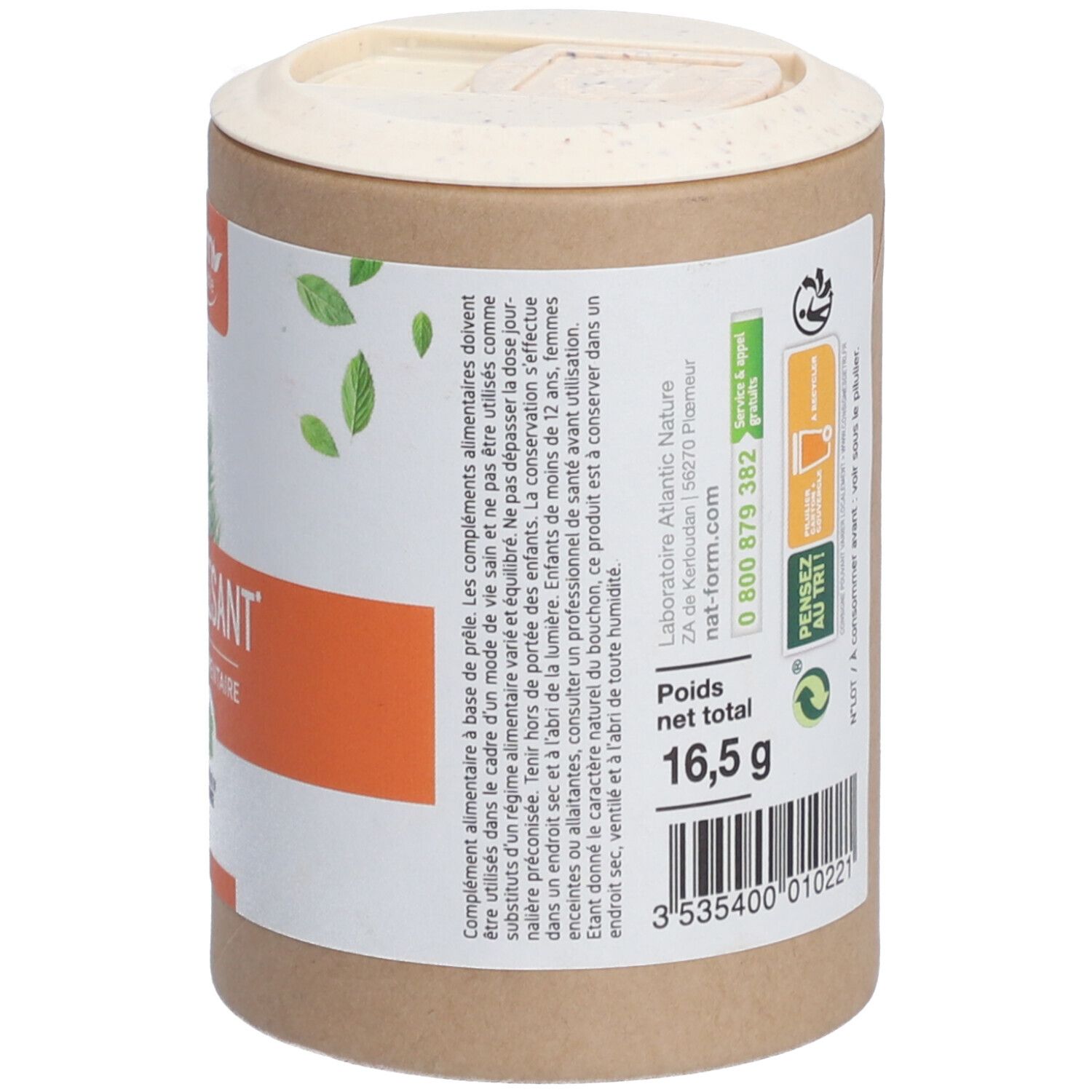 Dos de la boîte. Informations nutritionnelles et informations. Poids net 16,5 g. Logo de recyclage. "Nat-form.com".