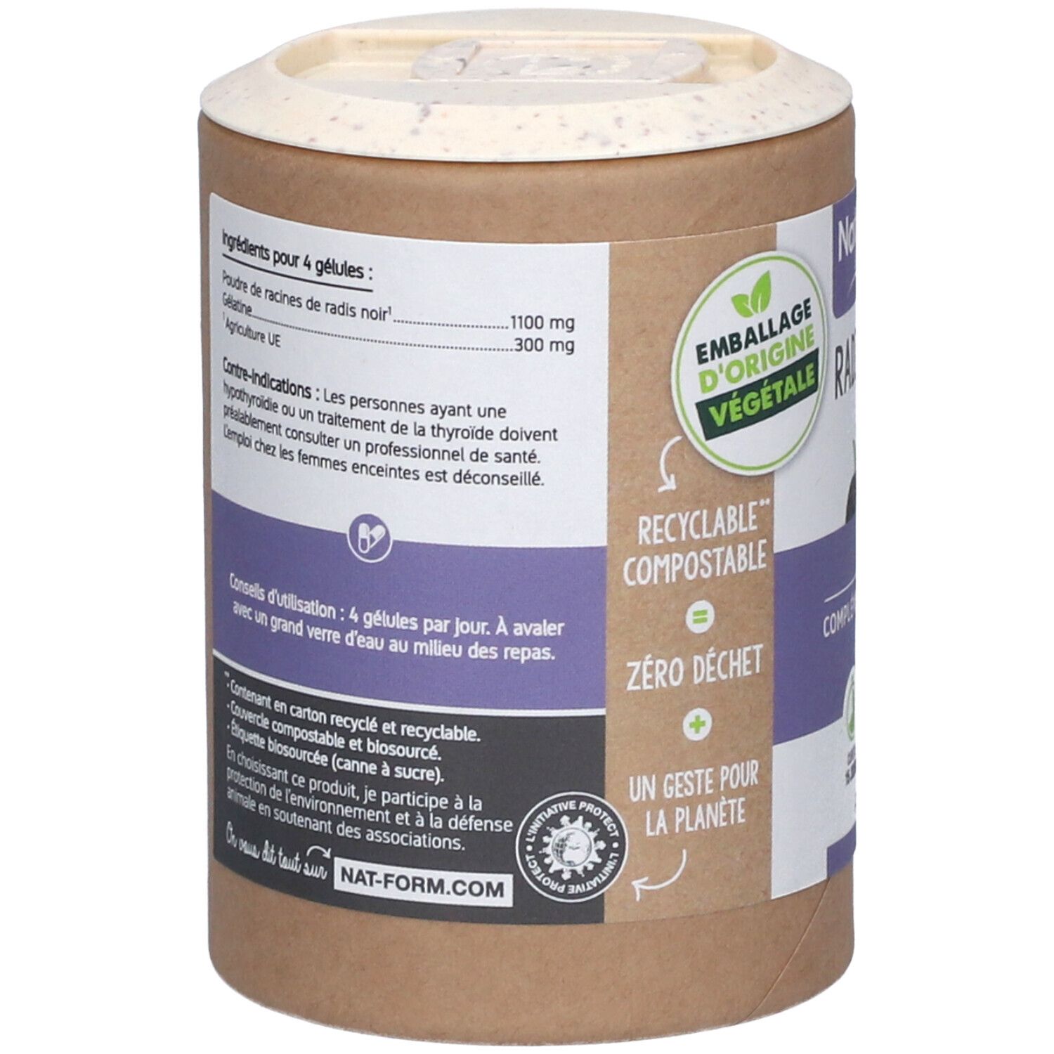Dos de la boîte. Liste des ingrédients et conseils d'utilisation. Emballage d'origine végétale, recyclable, compostable.