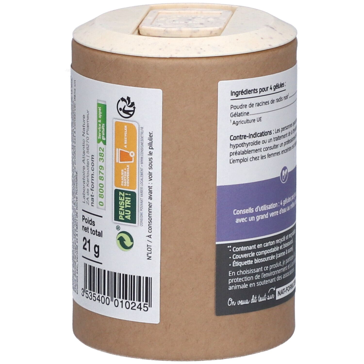 Côté de la boîte. Poids net total 21g. Logo de recyclage. Mention : 'Pensez au tri'.