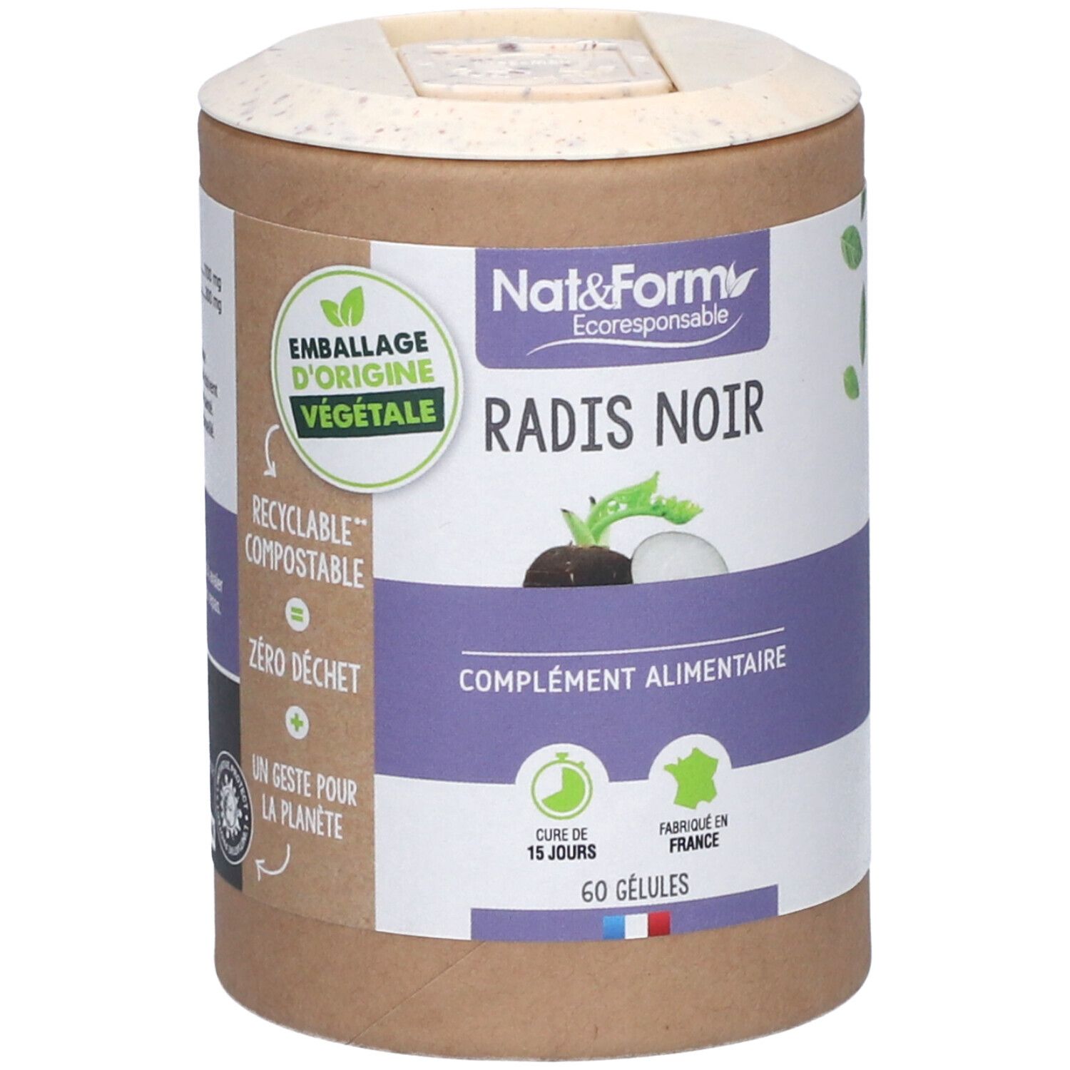 Boîte cylindrique avec couvercle. Inscription : Nat&Form Radis Noir, 60 gélules. Emballage d'origine végétale.