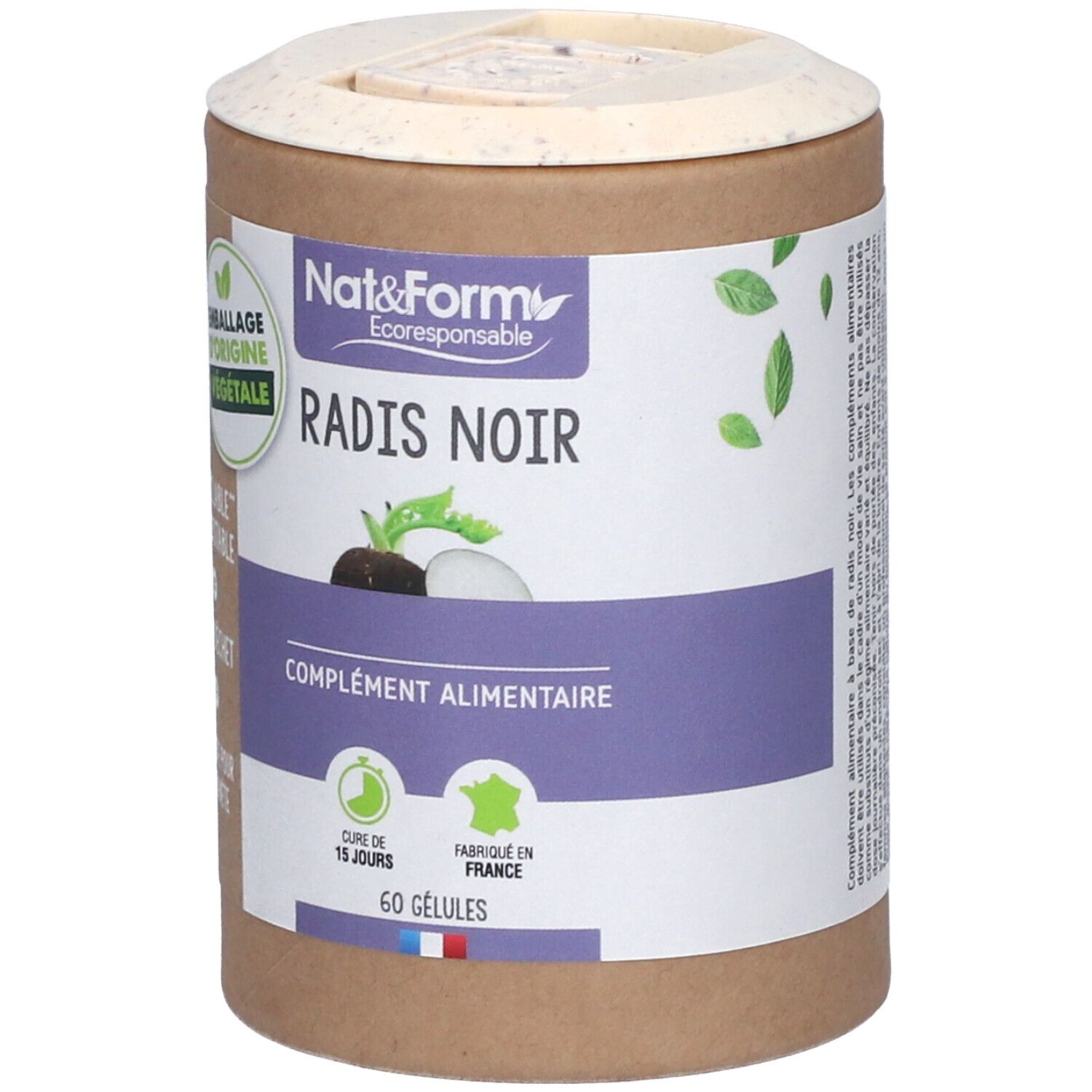 Boîte cylindrique avec couvercle. Inscription : Nat&Form Radis Noir, 60 gélules. Emballage d'origine végétale.