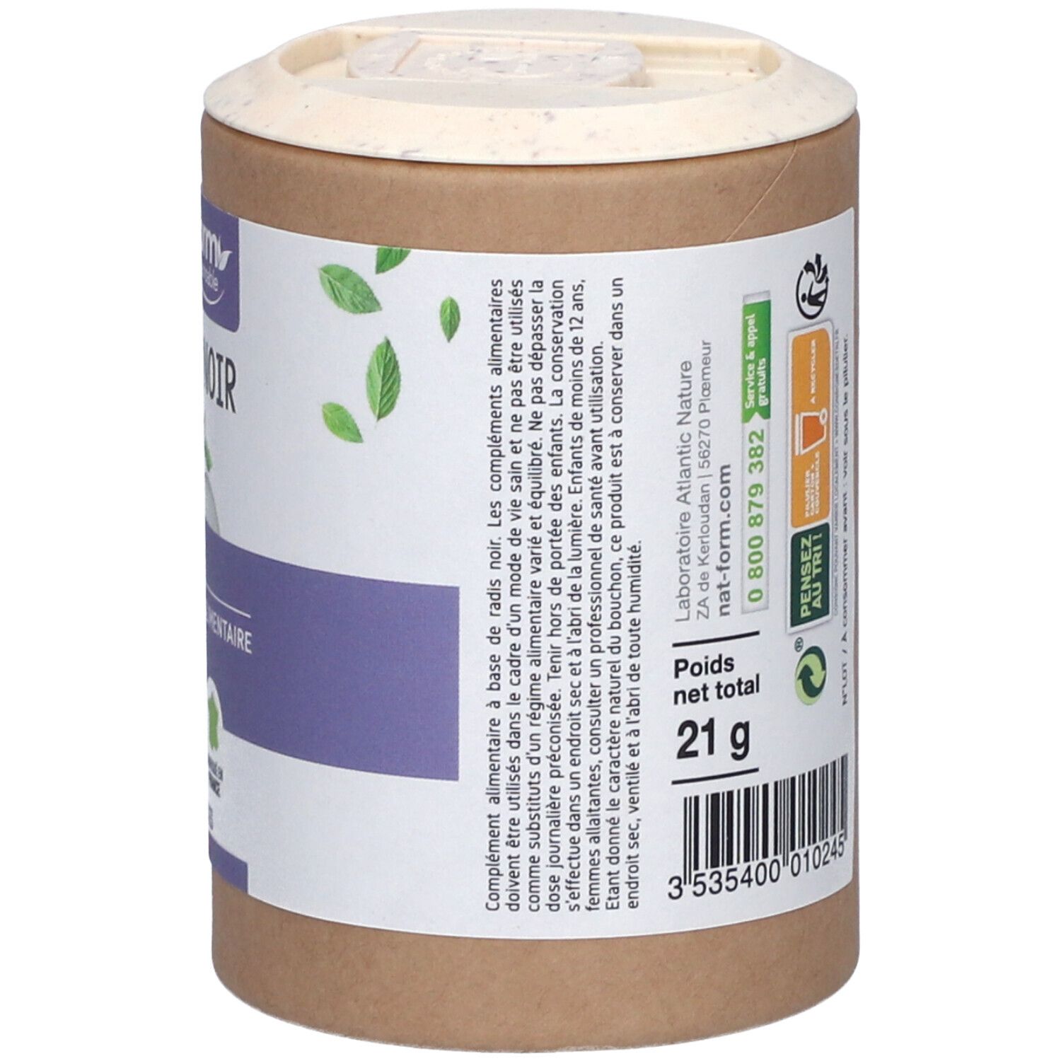 Côté de la boîte. Poids net total 21g. Mention : 'Pensez au tri'. Informations d'utilisation.