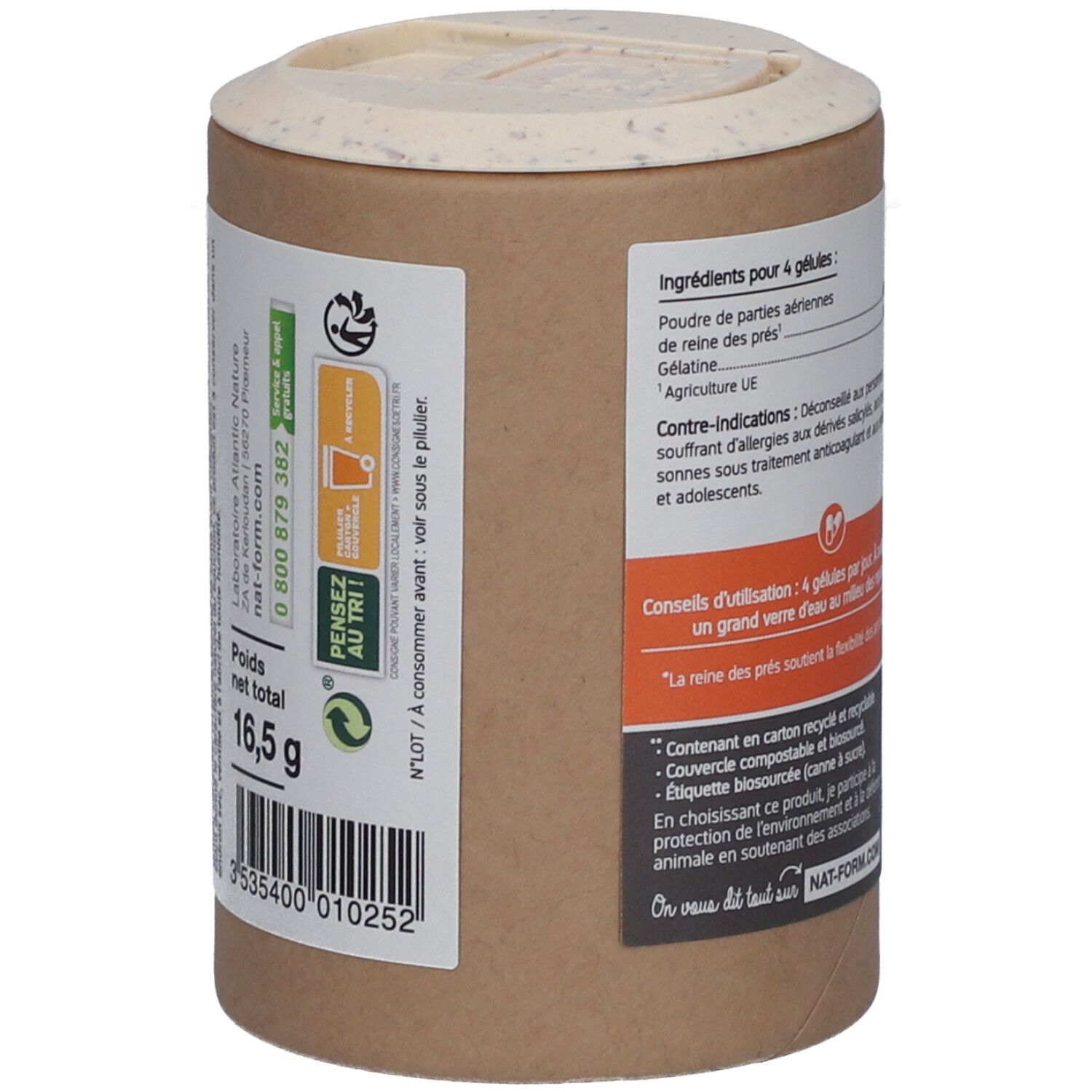 Dos de la boîte avec informations. Poids 16,5 g. Symbole de recyclage. "Nat&Form" et coordonnées.