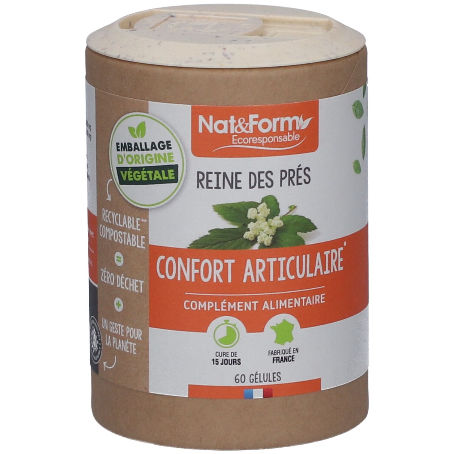 Boîte cylindrique "Nat&Form Reine des prés Bio en gélules". "Confort Articulaire" et 60 gélules. Emballage végétal.