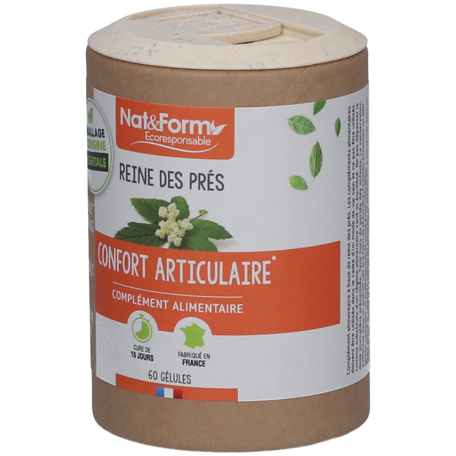 Boîte cylindrique "Nat&Form Reine des prés Bio en gélules". "Confort Articulaire" et 60 gélules. Emballage végétal.