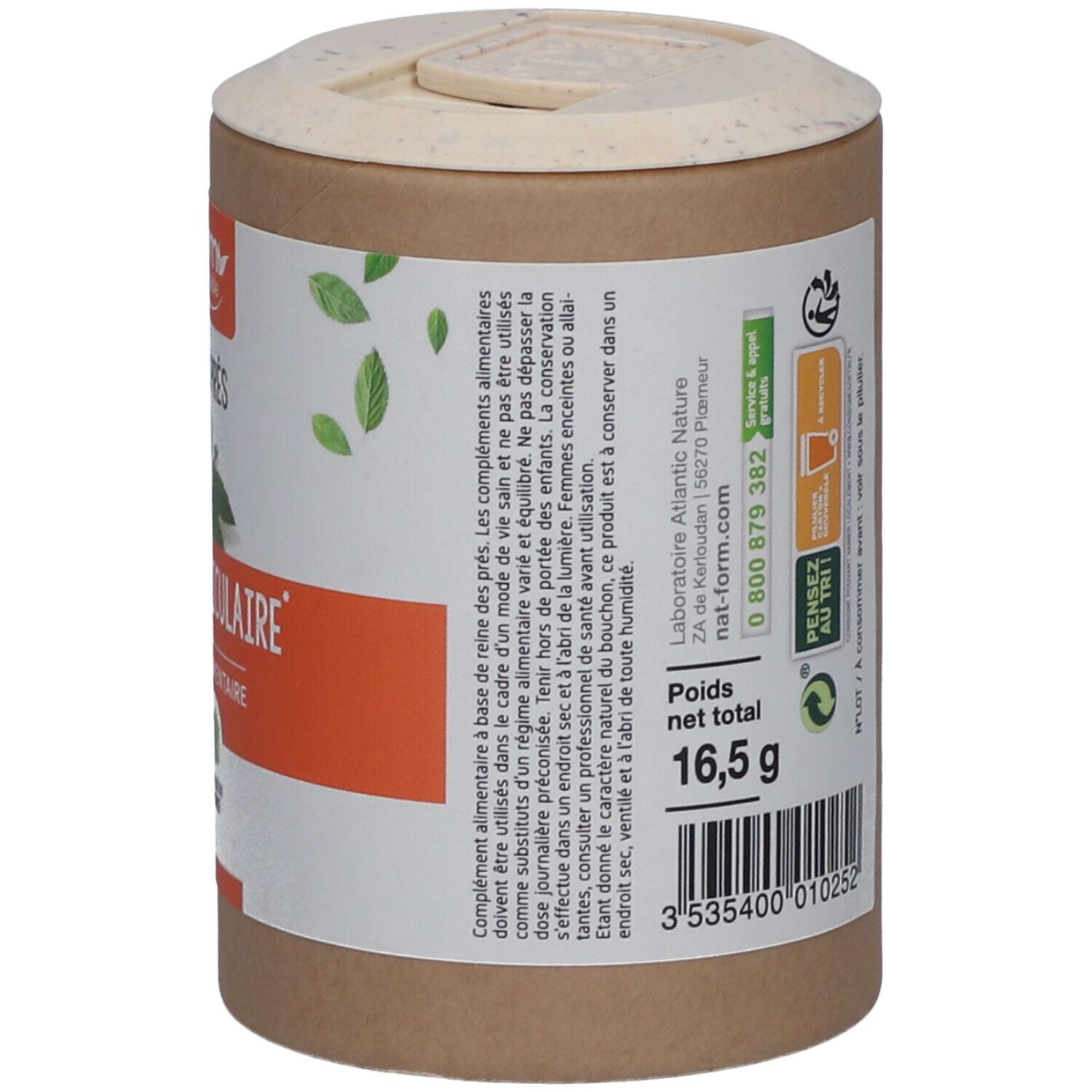 Dos de la boîte avec informations. Poids 16,5 g. Symbole de recyclage. "Nat&Form" et coordonnées.