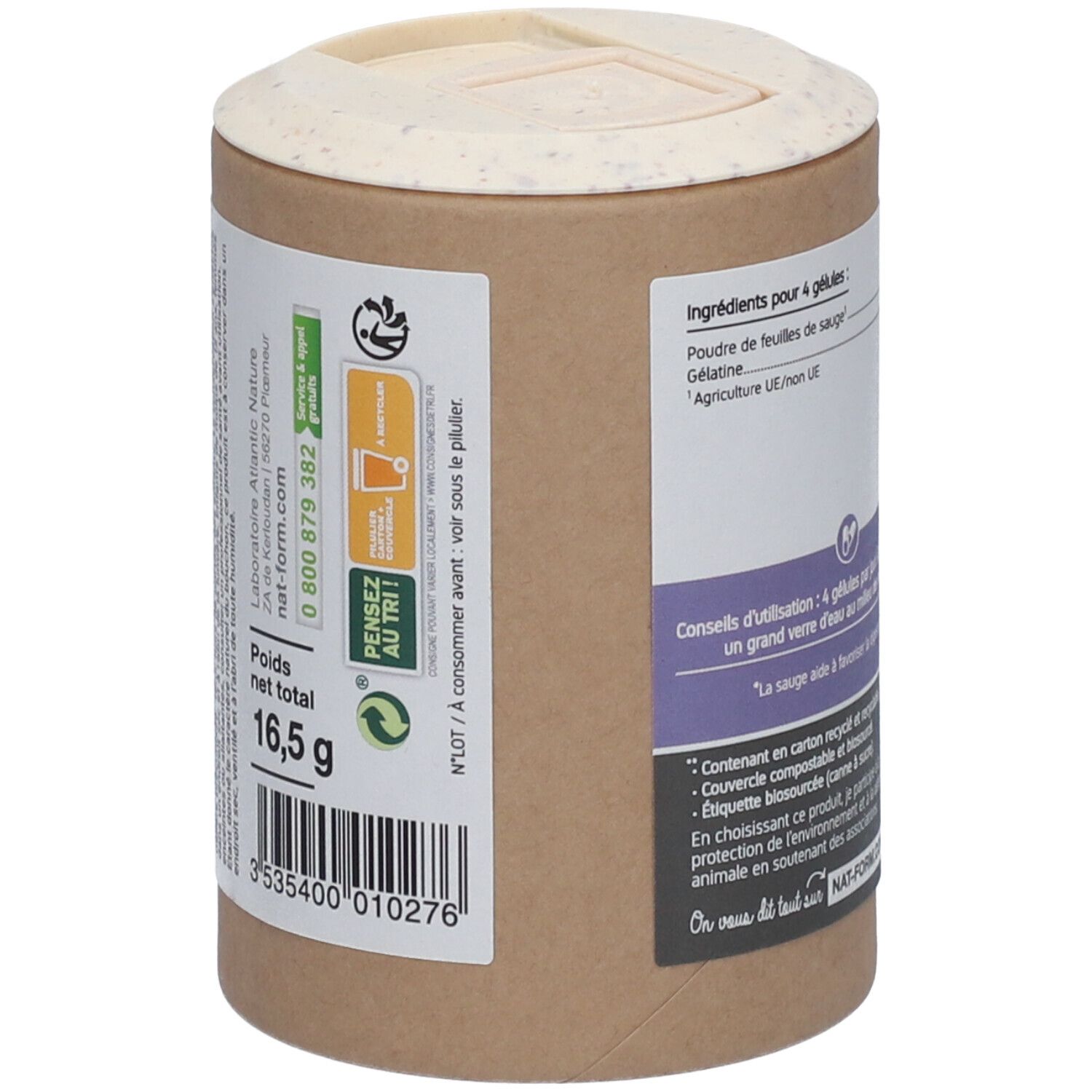 Vue latérale de la boîte. Poids net: 16,5 g. Symbole de recyclage. Liste des ingrédients. Informations d'utilisation. Fabriqué en France.