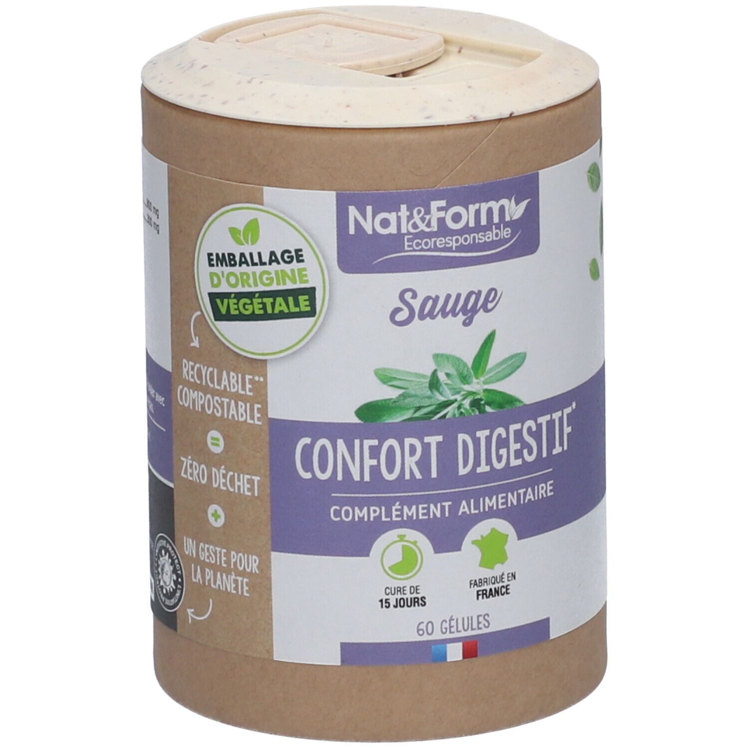 Boîte cylindrique avec couvercle. Inscription: Nat&Form, Sauge, Confort Digestif, 60 gélules. Emballage d'origine végétale.