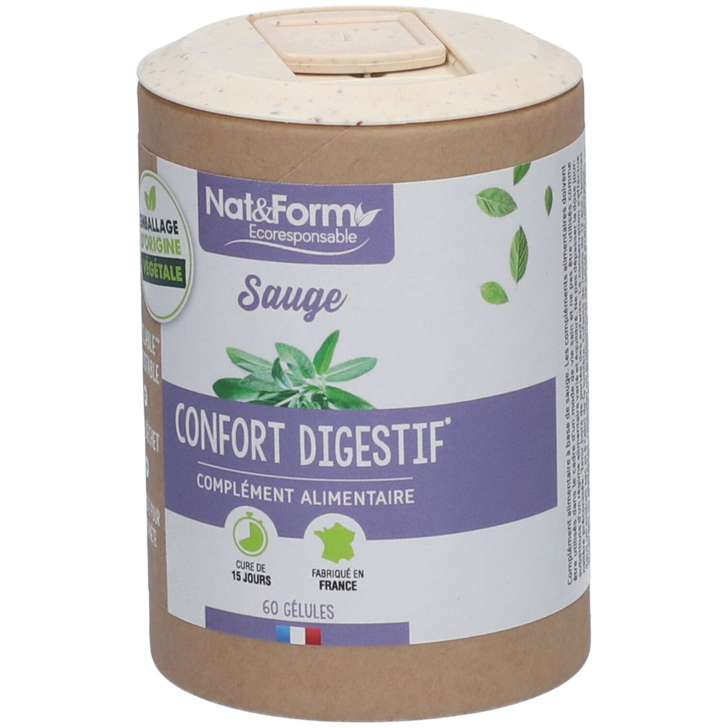 Boîte cylindrique avec couvercle. Inscription: Nat&Form, Sauge, Confort Digestif, 60 gélules. Emballage d'origine végétale.