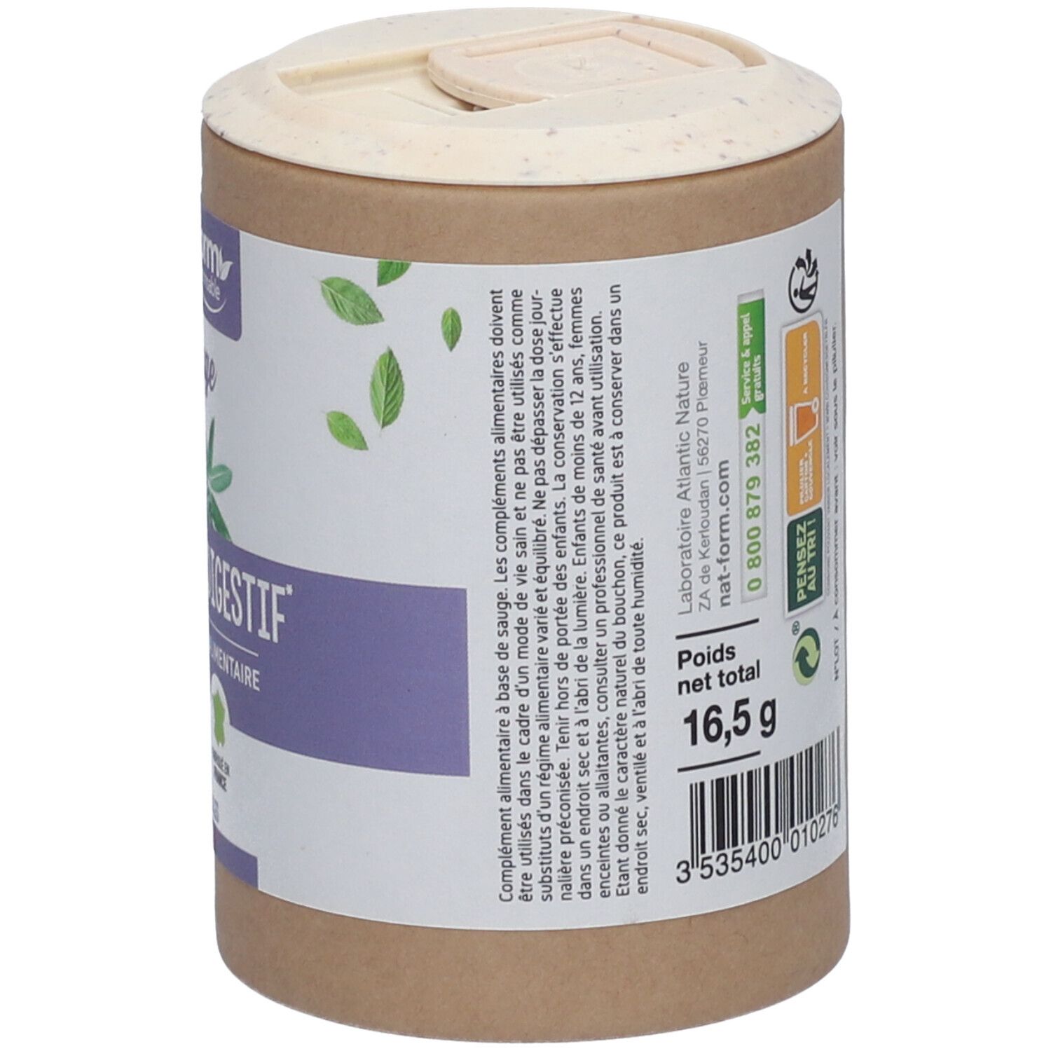 Vue latérale de la boîte. Poids net: 16,5 g. Conseils d'utilisation. Informations de stockage. Fabriqué en France.