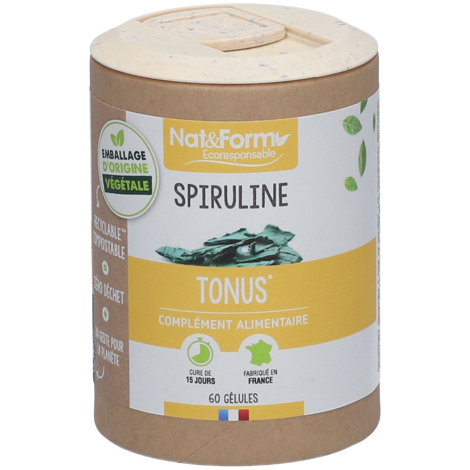 Zylindrische Dose mit Spirulina-Kapseln. Aufschrift: Nat&Form, Spiruline, Tonus, 60 Gelules. Verpackung aus Pflanzenmaterial.