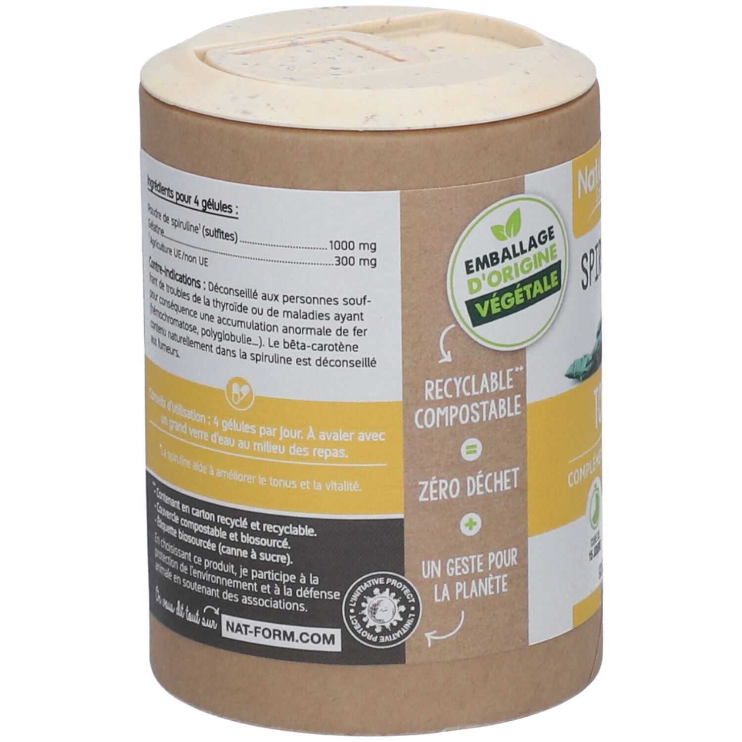 Rückseite der Dose mit Spirulina-Kapseln. Zutaten, Gebrauchsanweisung, Warnhinweise. Verpackung aus Pflanzenmaterial, kompostierbar.