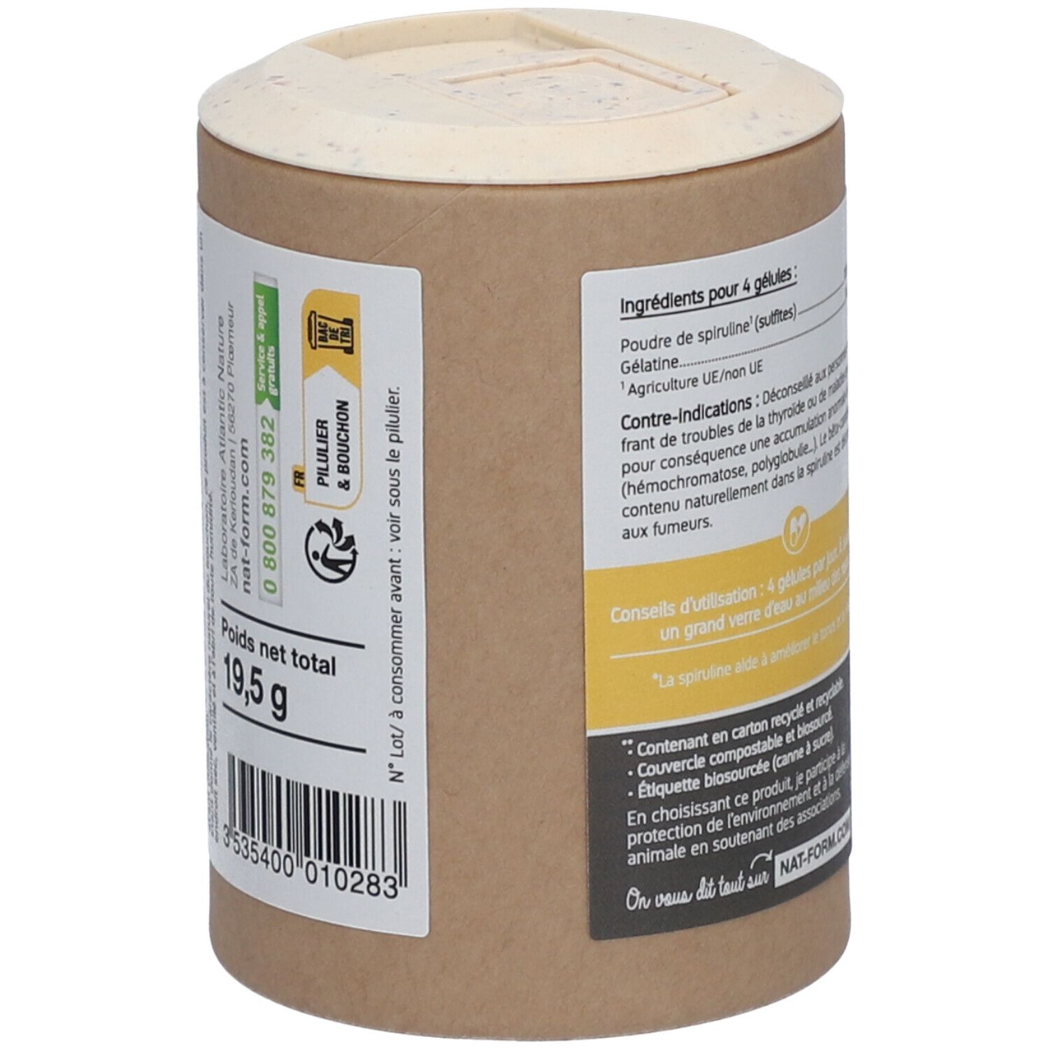 Rückseite der Dose mit Spirulina-Kapseln. Nettogewicht 19,5 g. Informationen zu Inhaltsstoffen und Hersteller. Recycling-Logo.