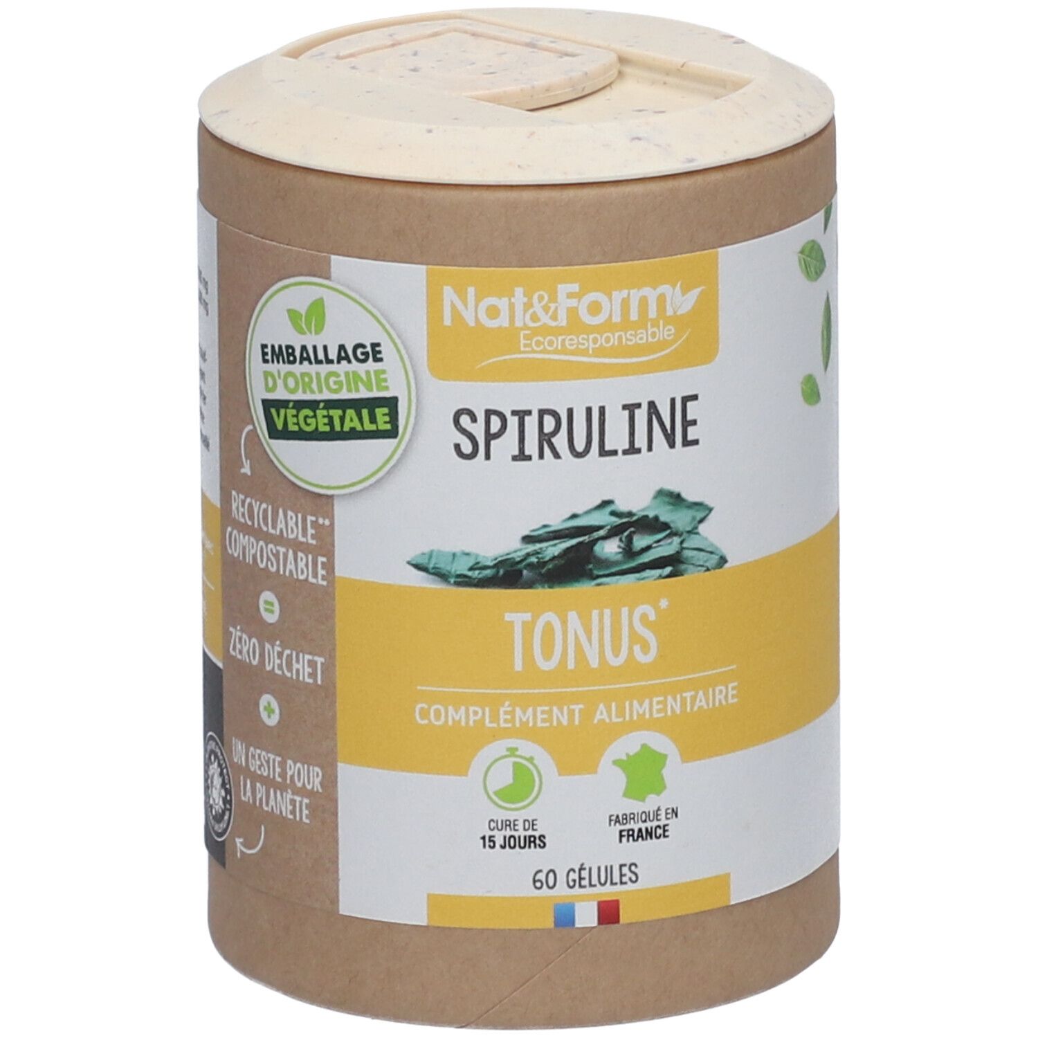 Zylindrische Dose mit Spirulina-Kapseln. Aufschrift: Nat&Form, Spiruline, Tonus, 60 Gelules. Verpackung aus Pflanzenmaterial.