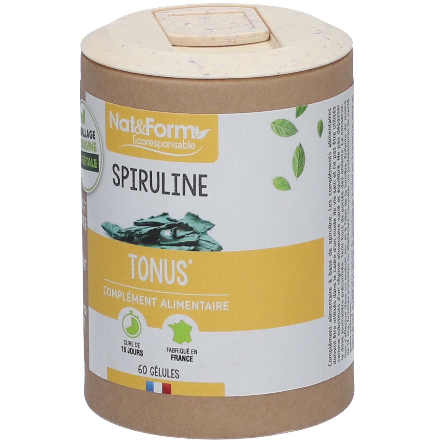 Zylindrische Dose mit Spirulina-Kapseln. Aufschrift: Nat&Form, Spiruline, Tonus, 60 Gelules. Verpackung aus Pflanzenmaterial.