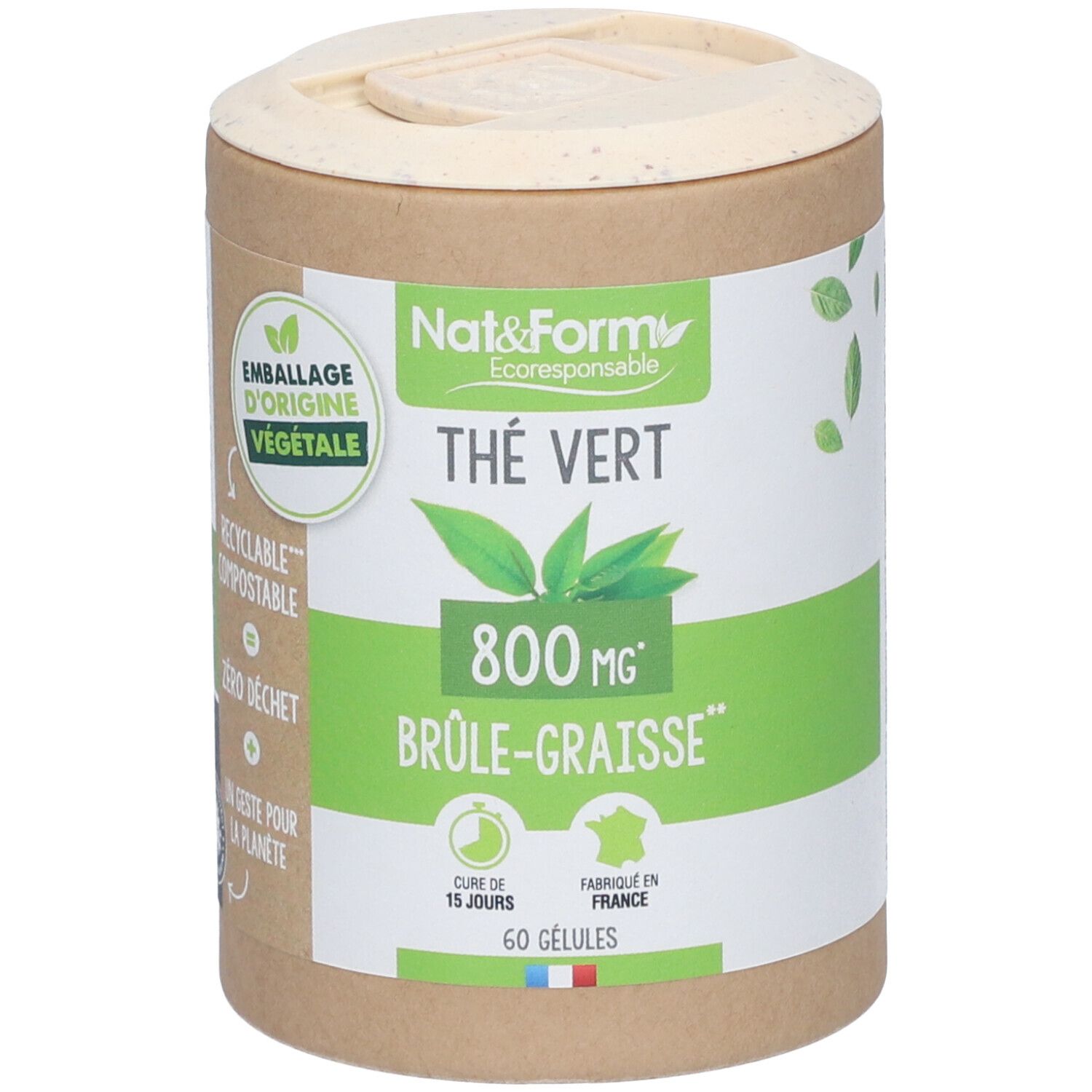 Boîte cylindrique avec étiquette verte. Inscription: Thé Vert, 800 mg, Brûle-Graisse. Couvercle et boîte en matériau naturel.