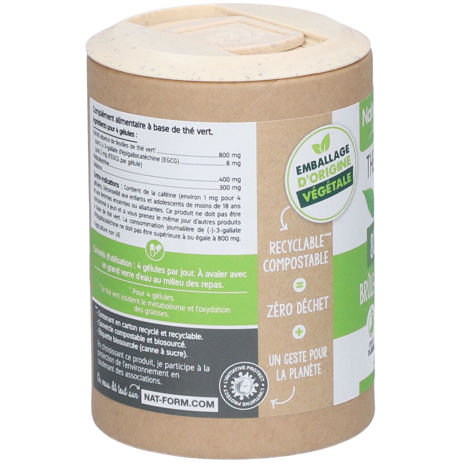 Dos de la boîte. Texte: complément alimentaire à base de thé vert. Informations sur les ingrédients et l'utilisation. Boîte en carton recyclé.