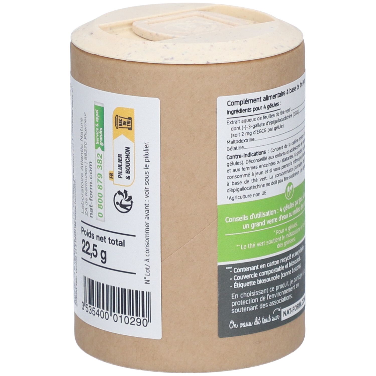 Côté de la boîte avec informations. Texte: Poids net total 22,5 g. Étiquette avec numéro de téléphone et logo. Boîte en matériau naturel.