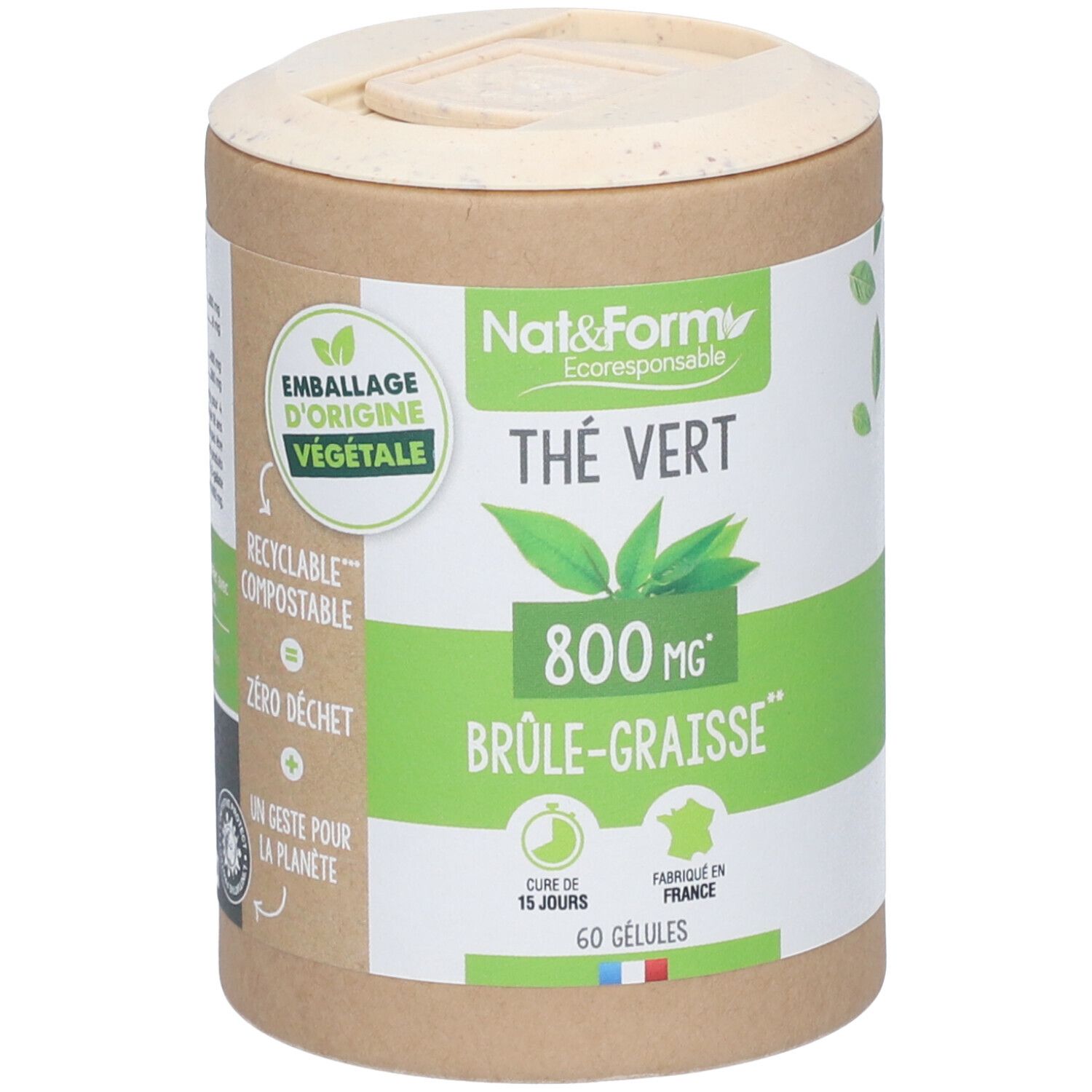 Boîte cylindrique avec étiquette verte. Inscription: Thé Vert, 800 mg, Brûle-Graisse. Couvercle et boîte en matériau naturel.