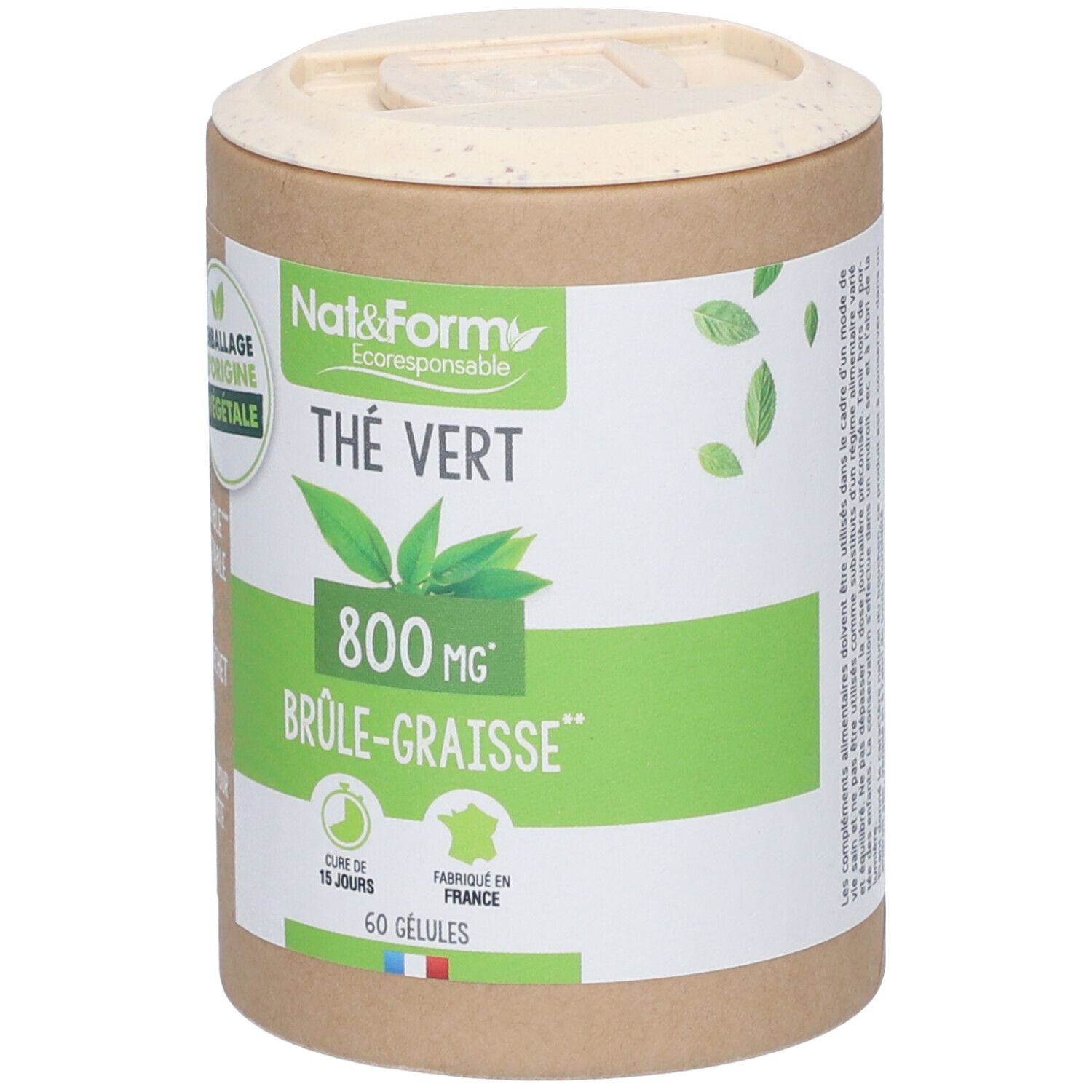 Boîte cylindrique avec étiquette verte. Inscription: Thé Vert, 800 mg, Brûle-Graisse. Couvercle et boîte en matériau naturel.