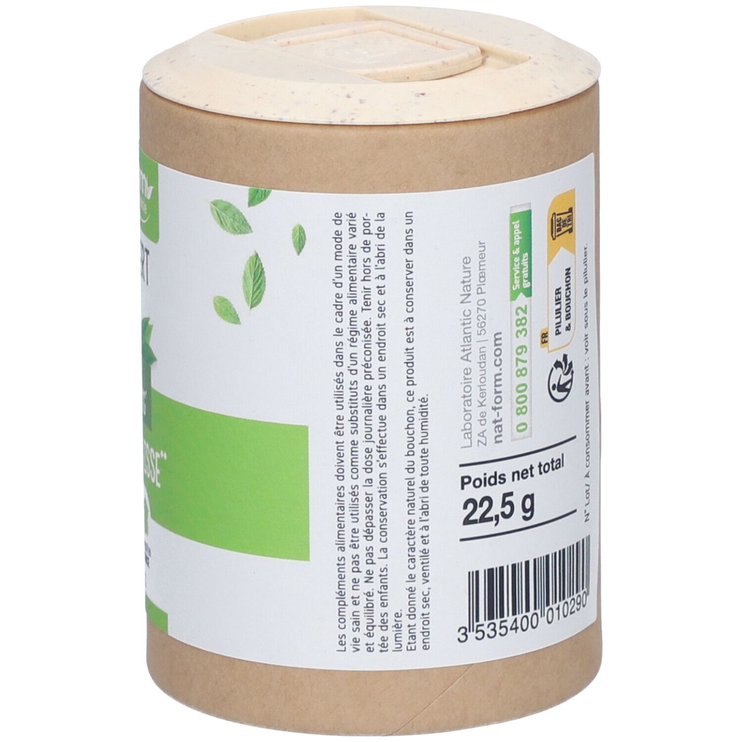 Côté de la boîte avec informations. Texte: Poids net total 22,5 g. Étiquette avec numéro de téléphone et logo. Boîte en matériau naturel.