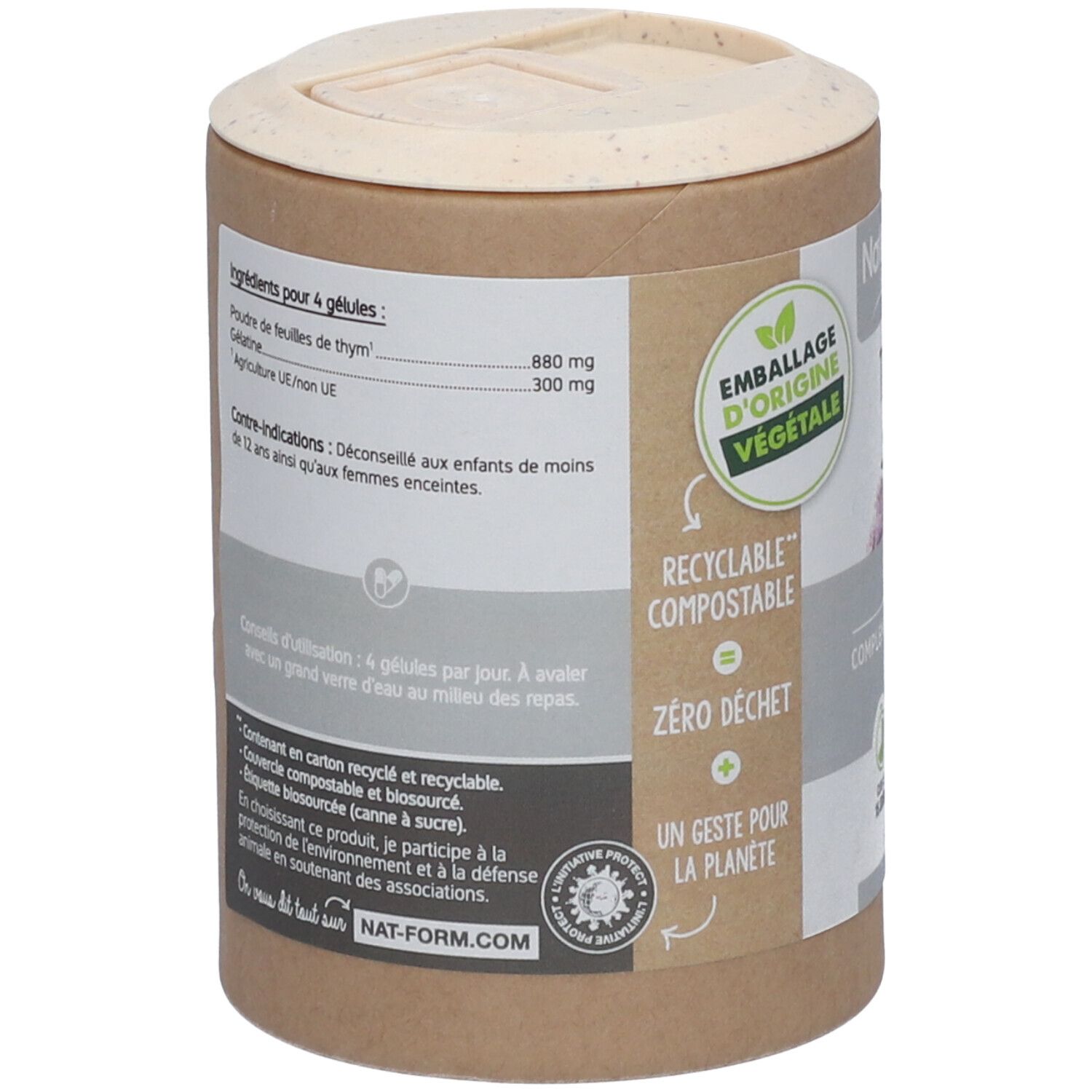 Dos de la boîte. Liste des ingrédients, mode d'emploi, avertissements. Emballage végétal, recyclable, compostable.