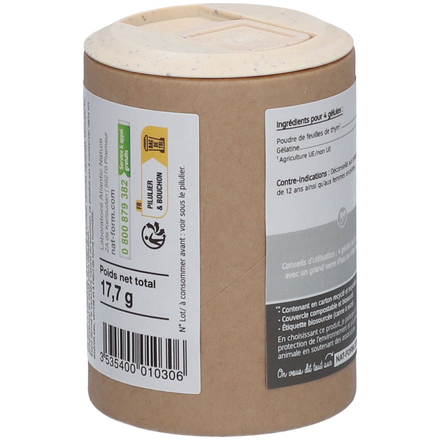 Boîte, vue latérale. Poids net total 17,7 g. Informations fabricant et recyclage. Code-barres.