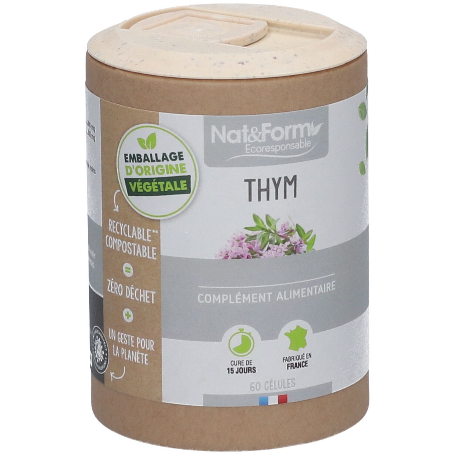 Boîte cylindrique avec couvercle. Inscription: Thym, complément alimentaire. Emballage d'origine végétale, recyclable, compostable.