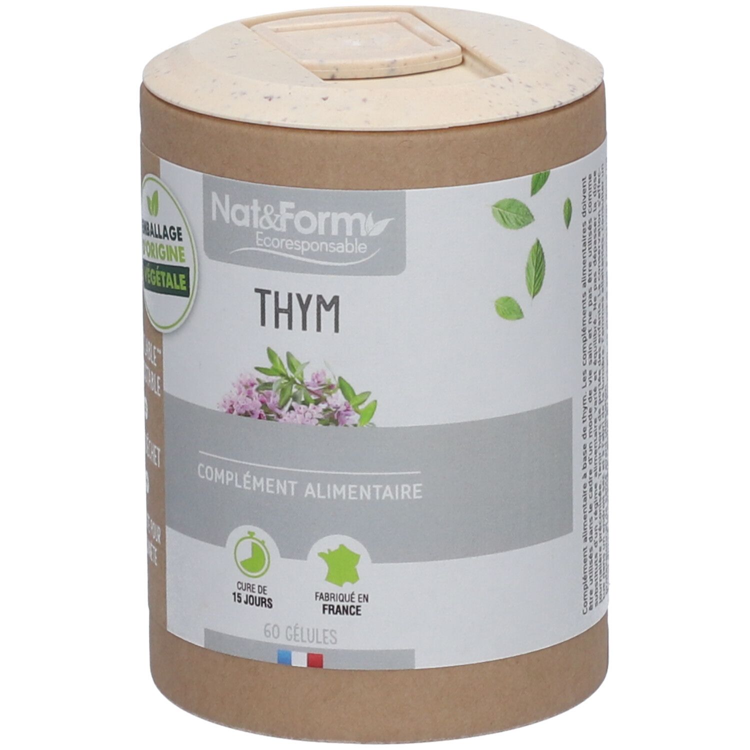 Boîte cylindrique avec couvercle. Inscription: Thym, complément alimentaire. 60 gélules. Emballage d'origine végétale.