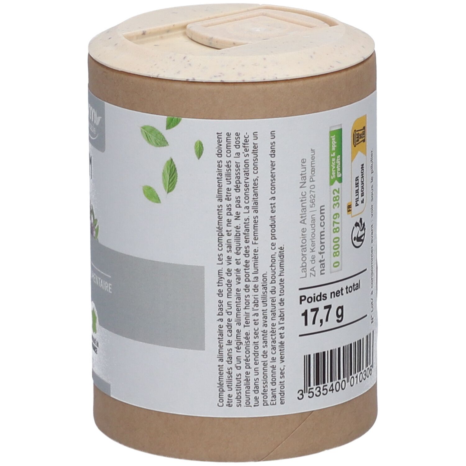 Boîte, vue latérale. Poids net total 17,7 g. Informations fabricant et recyclage. Code-barres.
