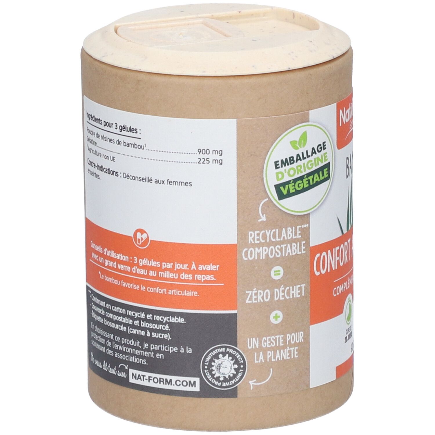 Zylindrische Dose mit Deckel. Aufschrift: Nat&Form. Rückseite mit Inhaltsstoffen und Gebrauchsanweisung. Verpackung aus pflanzlicher Herkunft.