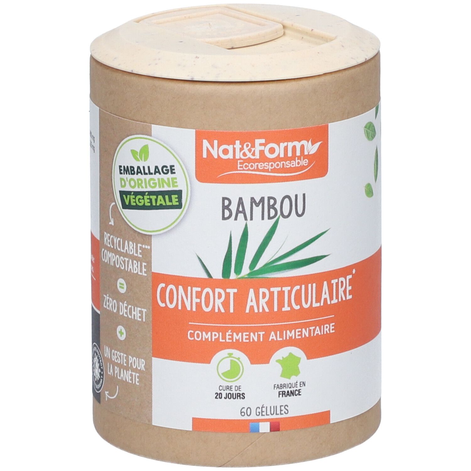 Zylindrische Dose mit Deckel. Aufschrift: Nat&Form Bambou, Confort Articulaire, 60 Gelules. Verpackung aus pflanzlicher Herkunft.